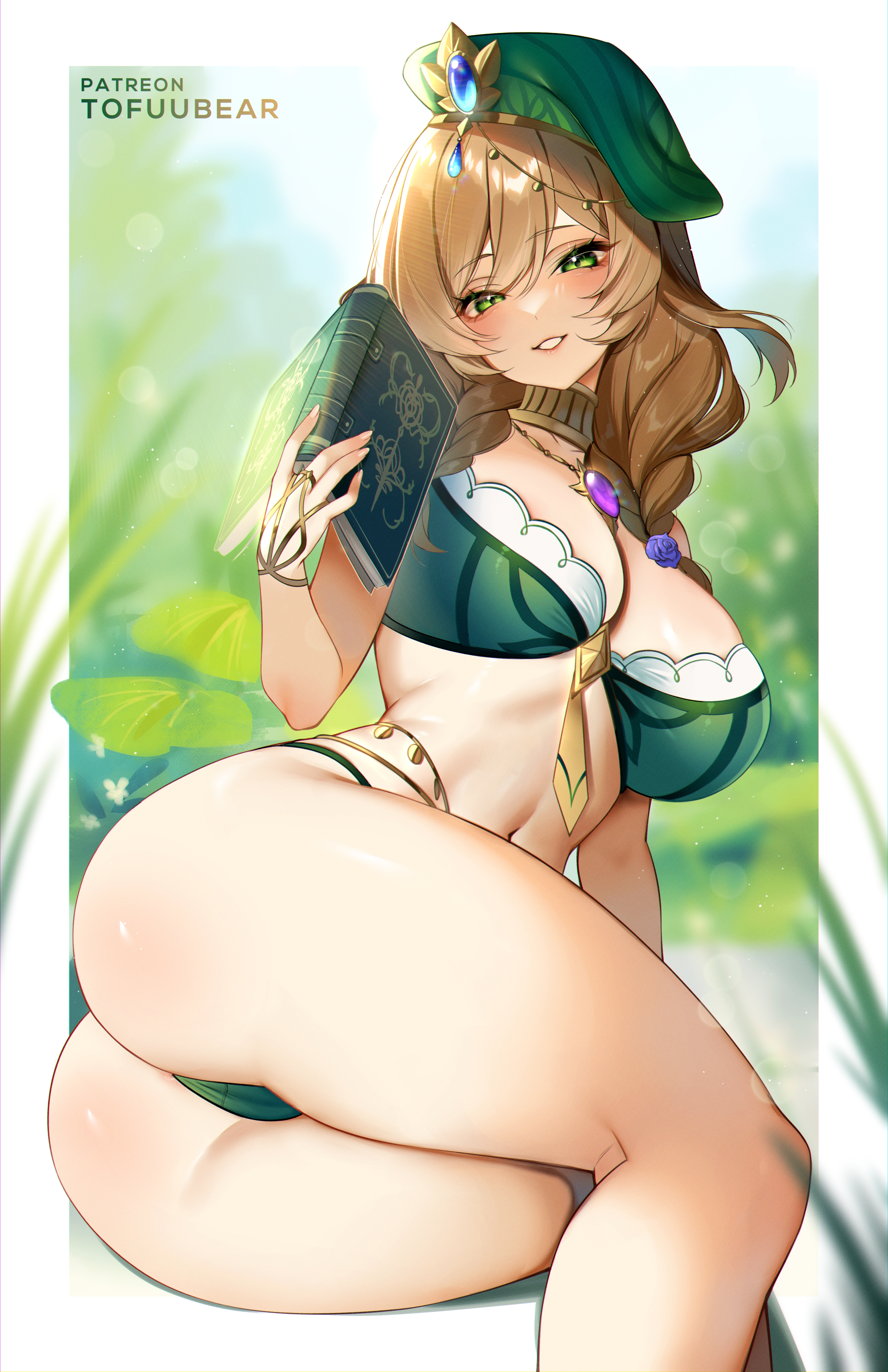 1girls, ass, ass focus, big ass, big breasts, breasts, brown hair, female, female only, genshin impact, green eyes, hat, hi res, huge ass, large ass, large breasts, light skin, light-skinned female, lisa (a sobriquet under shade) (genshin impact), lisa (genshin impact), long hair, smile, solo, thick thighs, tofuubear
