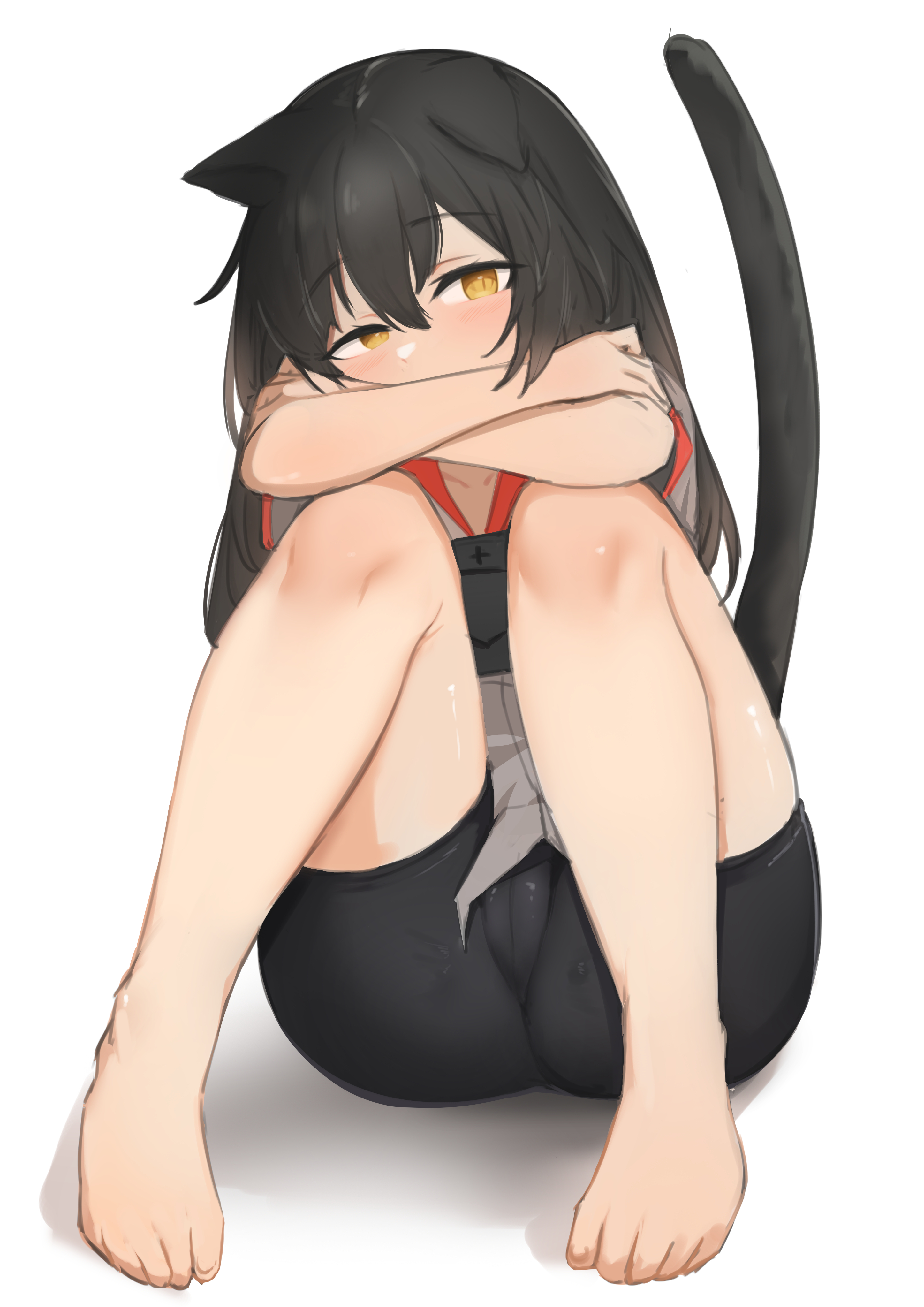 black hair, black pants, breasts, cat ears, cat tail, daebom, ears down, feet, female, military uniform, panther a, panther a (daebom), pussy, pussy visible through clothes, sitting, sleepy, small breasts, thighs, tired, vest, war thunder, wet skin, yellow eyes