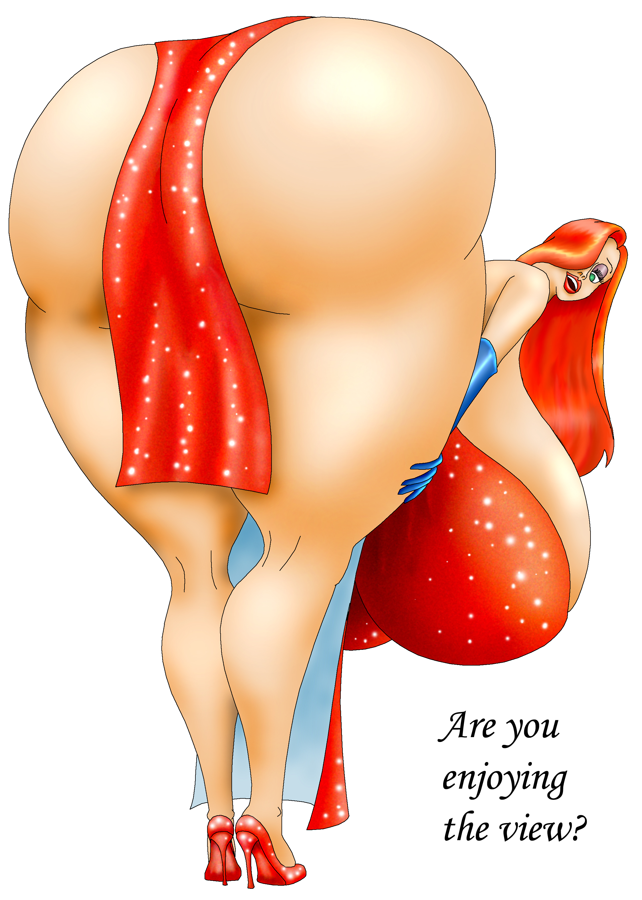 1girls, ass, bending forward, breasts, britbe, dress, english text, female, female focus, female only, gigantic ass, gigantic breasts, green eyes, high heels, hips, hyper, hyper breasts, hyper hourglass, jessica rabbit, large ass, large breasts, looking at viewer, looking back, presenting hindquarters, red hair, text, thick thighs, thighs, warner brothers, who framed roger rabbit, wide hips
