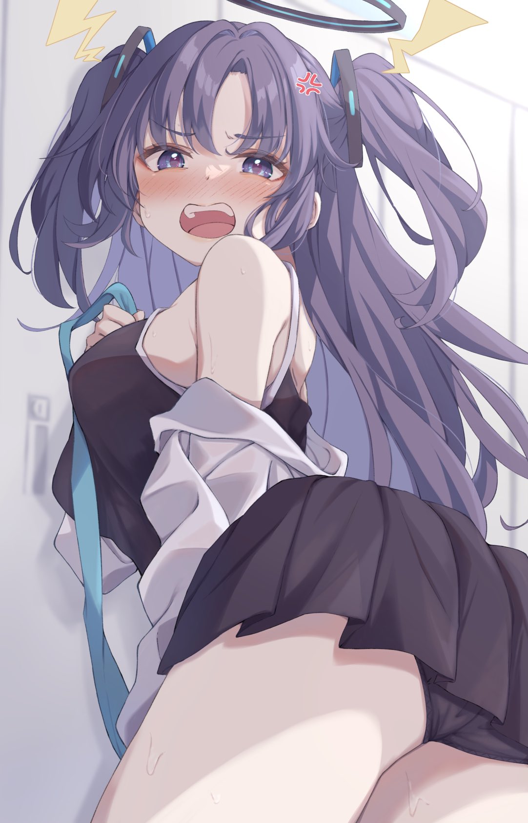 angry, annoyed, ass, blue archive, blush, disgusted, embarrassed, female, looking at viewer, panties, rear view, skirt, sweat, yuuka (blue archive)