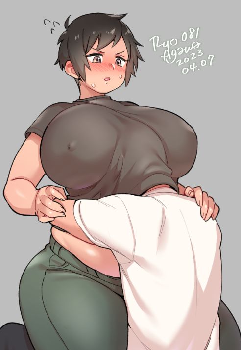 between_breasts blush breasts cling head_between_breasts hug huge_breasts male motorboating nipple_bulge on_lap original plump ryo_agawa short_hair thick_thighs