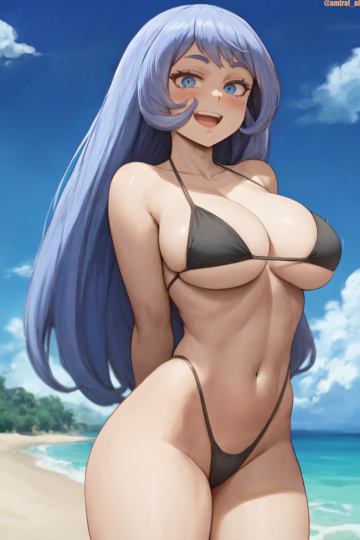 1girls, ai generated, amiral ai, arms behind back, beach, bikini, blue eyes, blue hair, blush, breasts, cleavage, clothing, cute, female, female only, hips, huge breasts, large breasts, light skin, light-skinned female, long hair, looking at viewer, my hero academia, navel, nejire hado, outdoors, smile, solo, thick thighs, thighs, wide hips