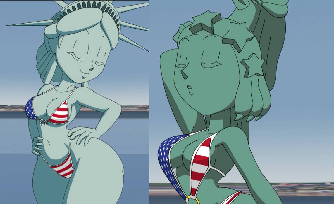 2022 2girls 4th_of_july american american_flag_bikini anthro arms_behind_head arms_up breasts colored crown dark_green_body dark_green_eyelashes dark_green_hair dark_green_skin female female_only full_body full_color hands_on_hips light_blue_body light_blue_eyelashes light_blue_hair light_blue_skin metallic_body multiple_girls posing smiling statue_of_freedom statue_of_liberty tansau