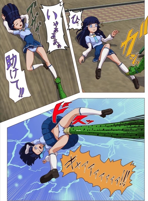 1girls 3_panel_comic absorption bio-android_(dragon_ball) blue_hair blue_panties blue_skirt cell_(dragon_ball) crying female_prey imminent_absorption japanese_text light_blue_panties male/female male_pred onomatopoeia panties schoolgirl tagme text text_bubble translation_request vaginal_penetration wangtianhai2000 white_stockings