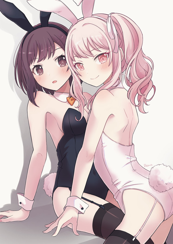 1boy, 1girls, akiyama mizuki, ambiguous gender, androgynous, brown hair, bunnysuit, female, femboy, feminine male, genderswap, girly, male, otoko no ko, pink hair, project sekai, rule 63, shinonome ena, thighhighs, trap