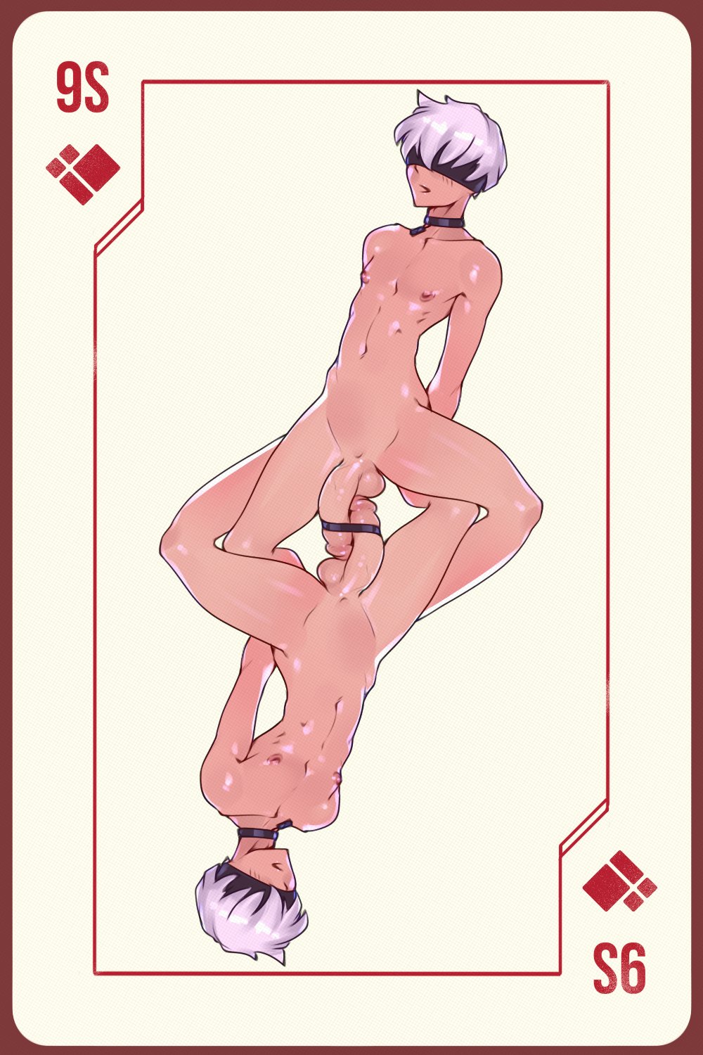 2boys, balls, big penis, blindfold, card (medium), cute male, femboy, frottage, light skin, light-skinned male, male, male focus, male only, nier, nier: automata, nude, nude male, penis, playing card, tailbox, testicles, white hair, yorha 9s
