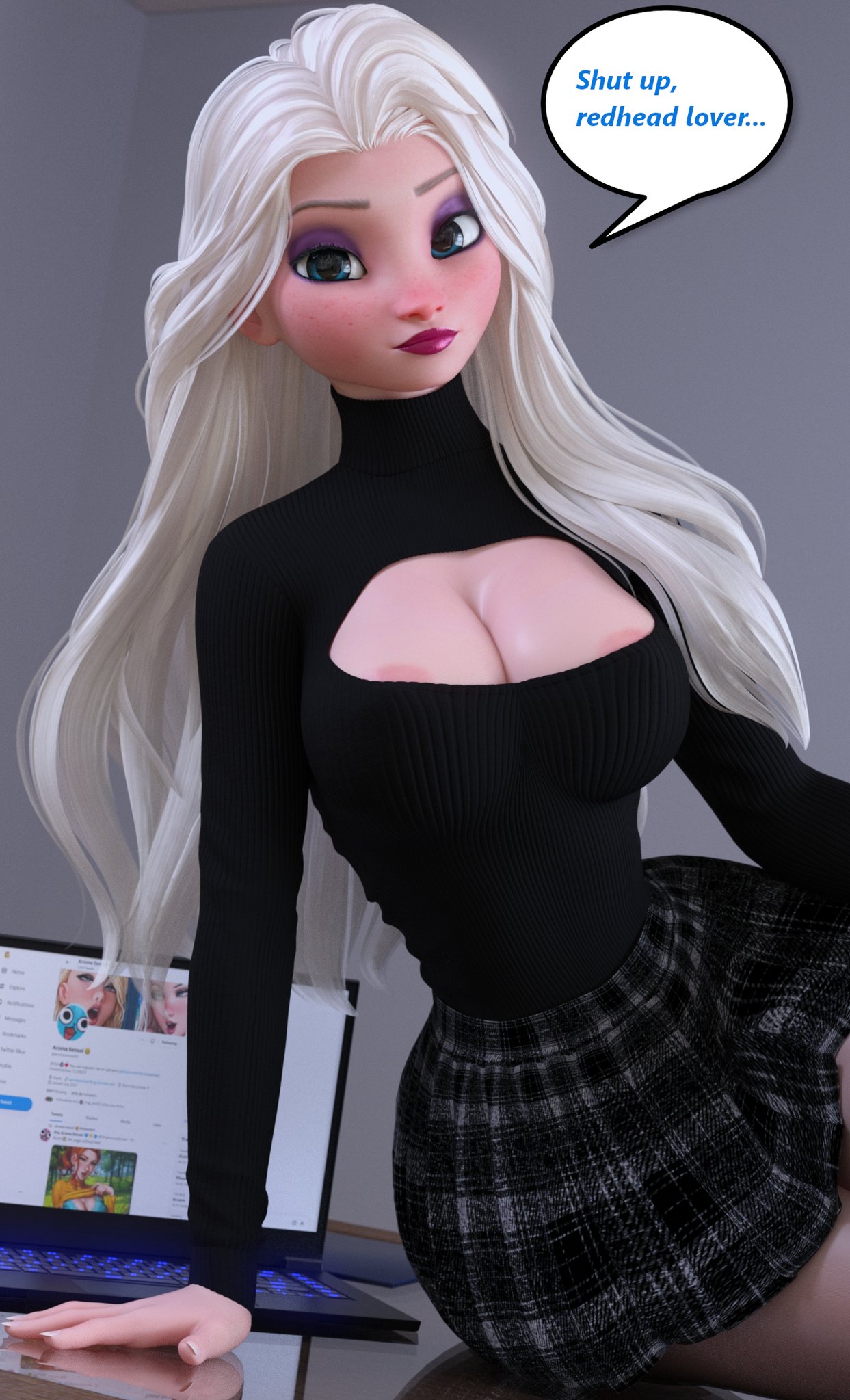 1boy, 1girls, 3d, athletic, athletic female, big breasts, blue eyes, breasts, busty, cleavage, clothing, curvaceous, curvy, curvy figure, cute, cute face, digital media, disney, disney princess, elsa (frozen), eyebrows, eyelashes, eyes, female, female focus, fit, fit female, frozen (film), frozen 2, hair, hips, hourglass figure, huge breasts, human, large breasts, legs, light skin, light-skinned female, lips, long hair, male, male pov, male/female, microskirt, office, office lady, pale skin, pale-skinned female, pov, princess, queen, royalty, ruidx, skirt, slim, thick, thick legs, thick thighs, thighs, top heavy, turtleneck, turtleneck sweater, upper body, voluptuous, waist, white hair, wide hips