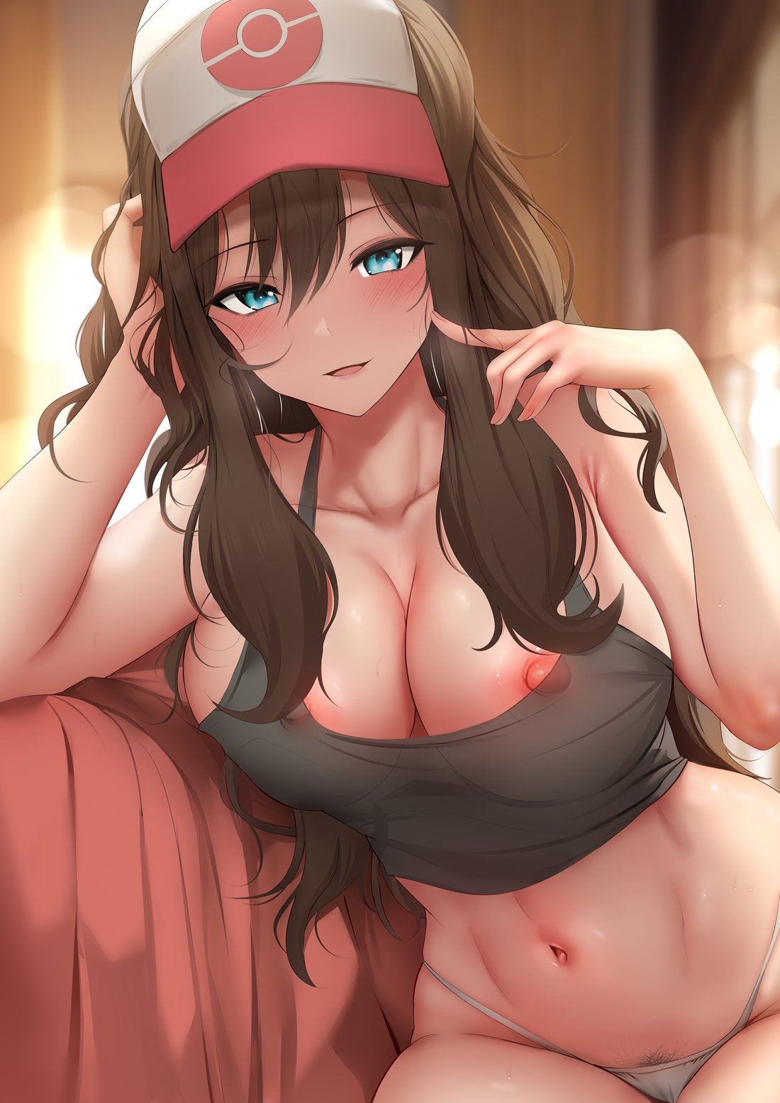 1girls baseball_cap big_breasts blue_eyes breasts brown_hair cap female game_freak ginhaha hat hilda_(pokemon) huge_breasts human looking_at_viewer nintendo nipples pokemon pokemon_bw pubic_hair solo solo_female