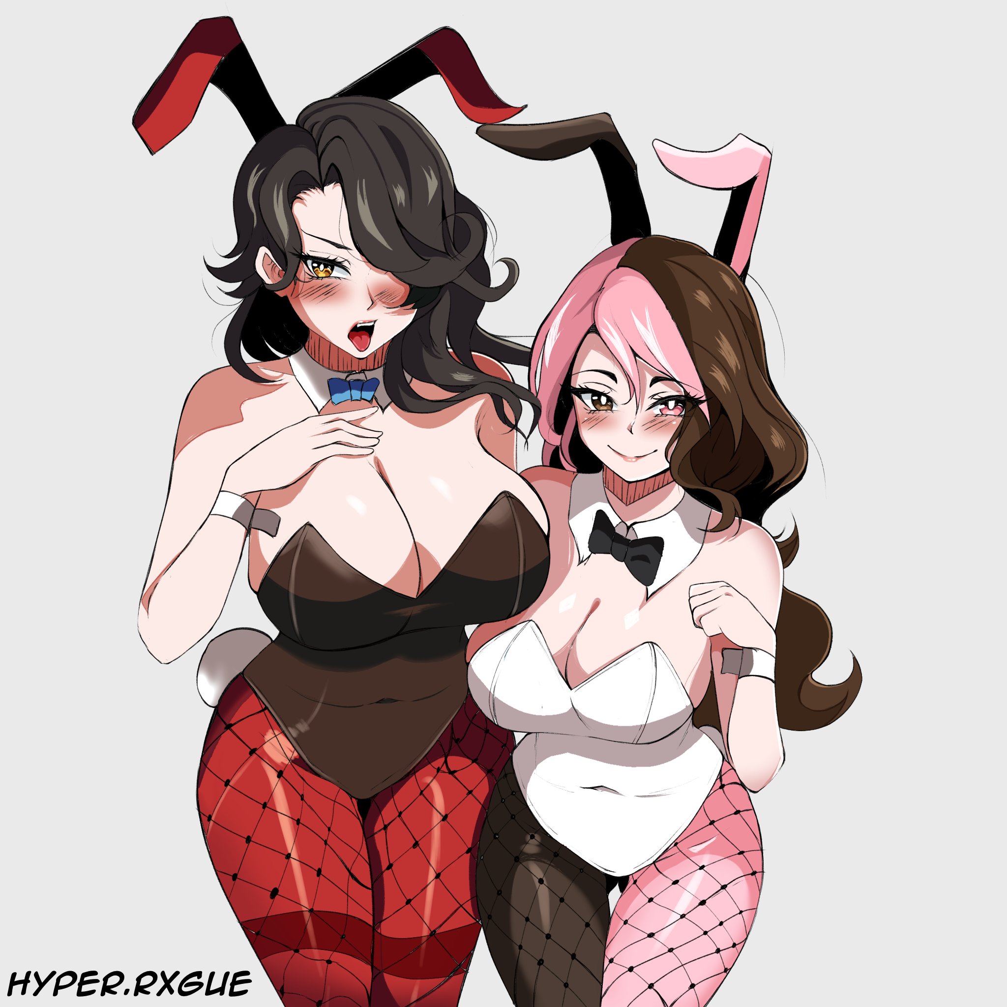 1:1, 2girls, big breasts, black hair, blush, breasts, brown eyes, brown hair, brown leotard, bunny costume, bunny ears, bunny girl, bunnysuit, cinder fall, cleavage, fake animal ears, female, female only, fishnets, heterochromia, huge breasts, hyperrxgue, large breasts, leotard, long hair, multicolored hair, multiple females, multiple girls, neo (rwby), pink eyes, pink hair, rwby, two-tone hair, white leotard, yellow eyes