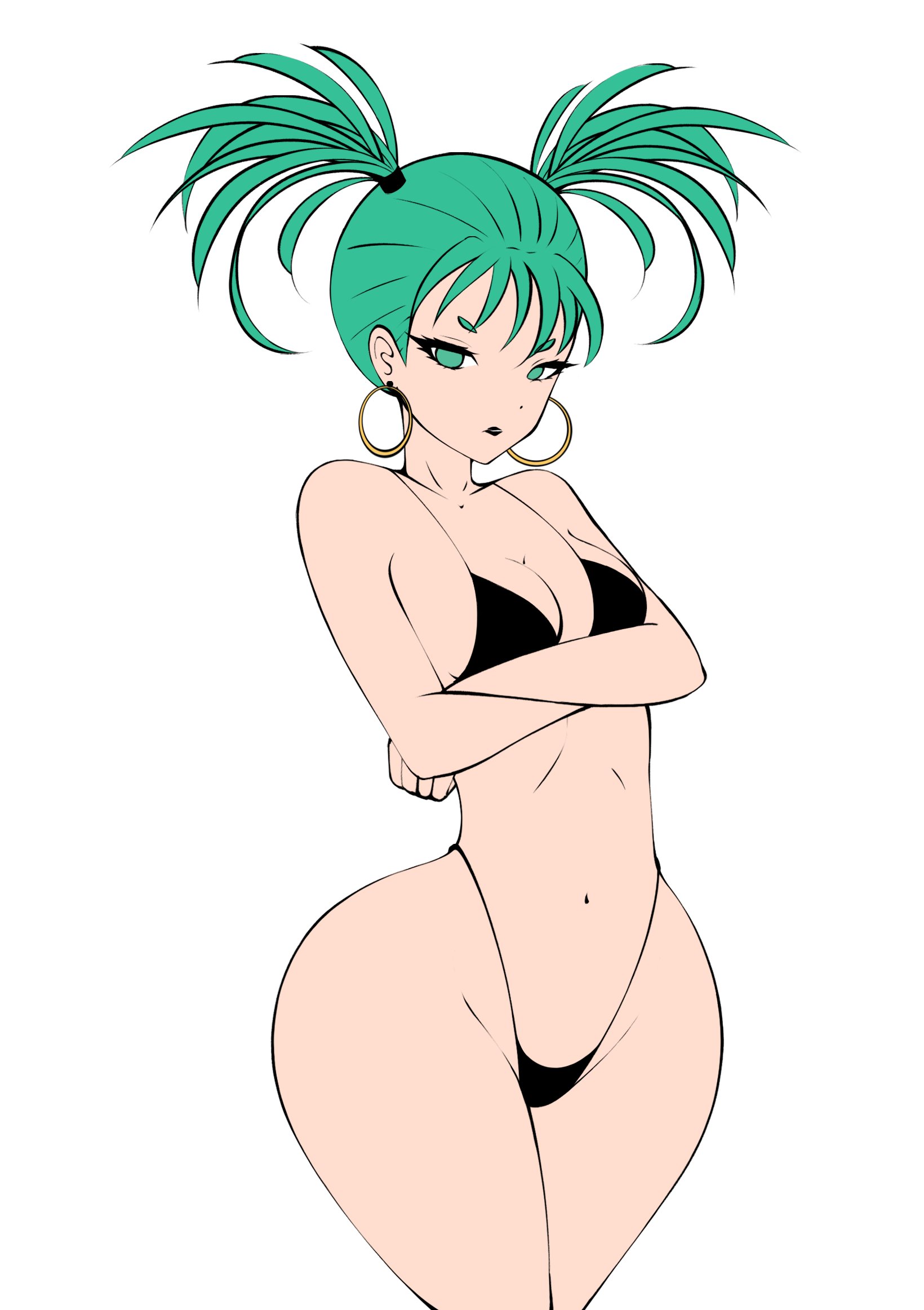 1girls, bikini, bikini top, black lipstick, breasts, earrings, female, female only, green eyes, green hair, lipstick, one-punch man, solo, swimwear, tatsumaki, twintails, white background, wide hips, wip, zonen404