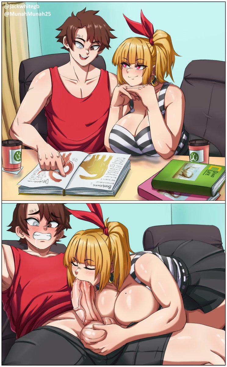 1boy, 1girls, 2023, absurd res, balls, blonde hair, blowjob, breasts, brown hair, cleavage, comic, drooling, earrings, fellatio, female, heart-shaped pupils, heterochromia, hoop earrings, huge breasts, huge cock, looking at another, looking down, mai munah, male, penis, short hair