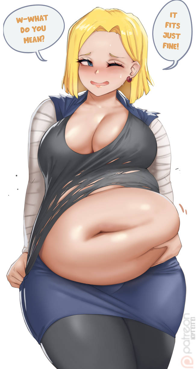 android_18 bbw big_belly black_legwear blonde_hair blush chubby chubby_female cleavage closed_eye dragon_ball dragon_ball_z embarrassed fat fat_female fat_girl fat_woman grabbing grabbing_belly grabbing_own_belly kipteitei large_female obese obese_female overweight overweight_female red_earrings ripped_clothing ripped_shirt speech_bubble thick_thighs