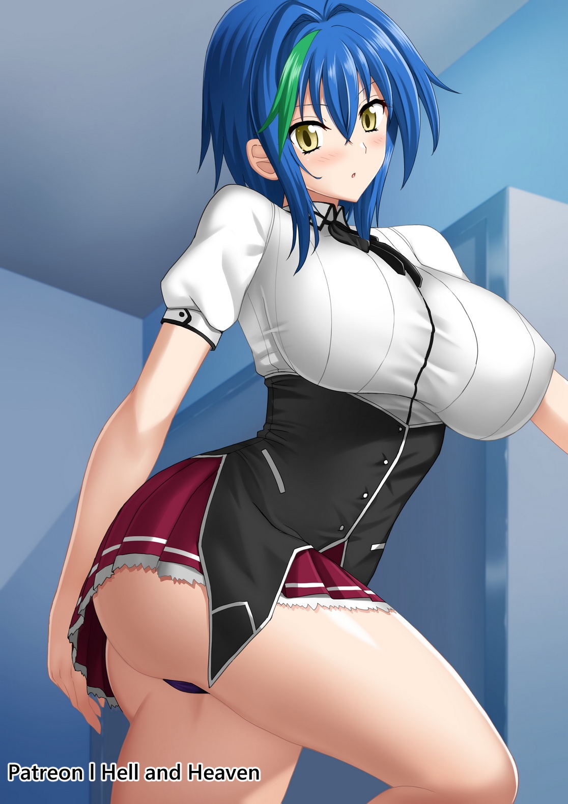 1girls, big breasts, blue hair, breasts, female, hellandheaven, high school dxd, multicolored hair, navel, panties aside, school uniform, smile, solo, tagme, third-party edit, xenovia quarta