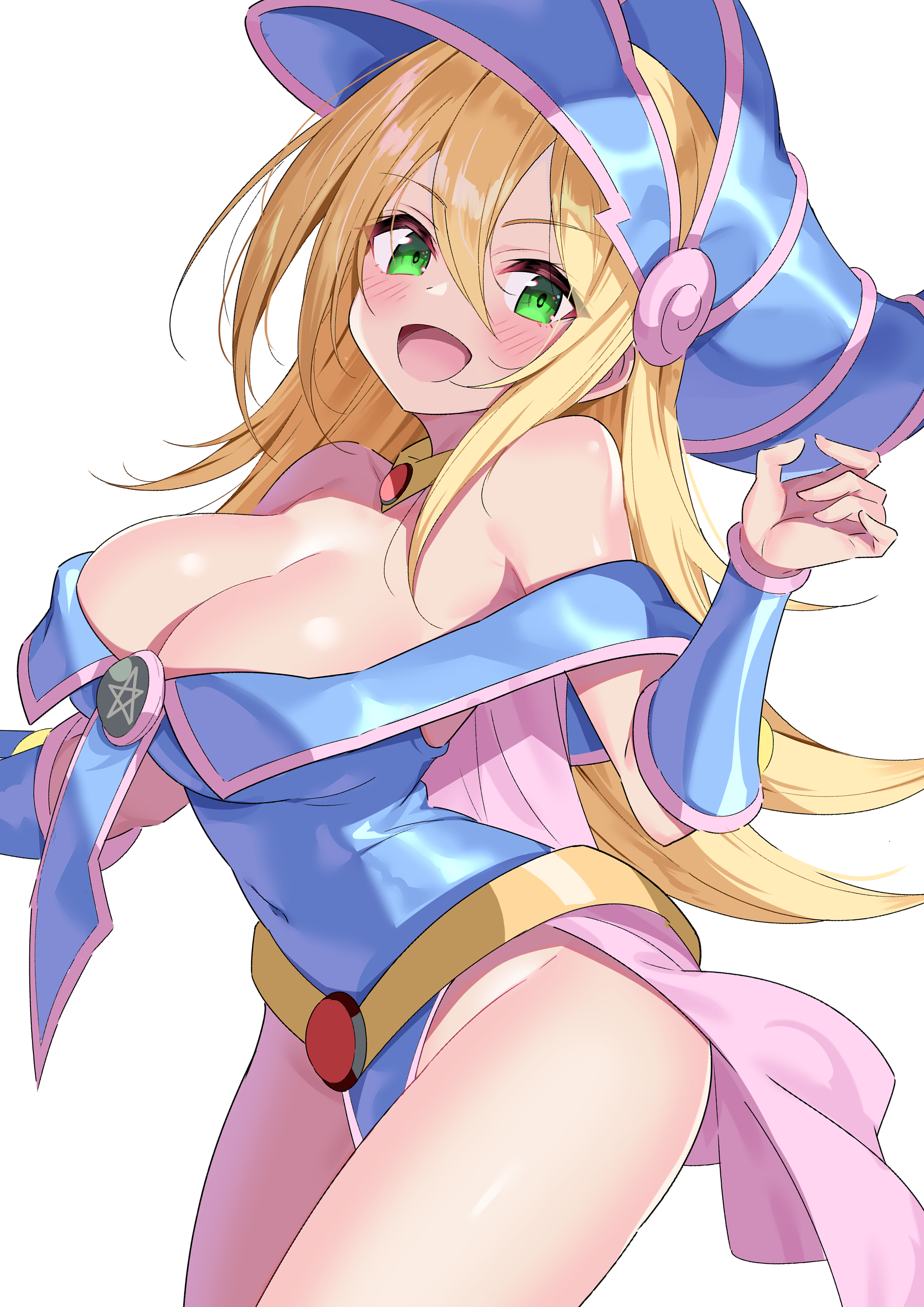 blonde hair, blush, breasts, cleavage, dark magician girl, female, green eyes, huge breasts, looking at viewer, one emblem, open mouth, skirt, smile, thick thighs, white background, witch hat, yu-gi-oh!, yu-gi-oh! duel monsters