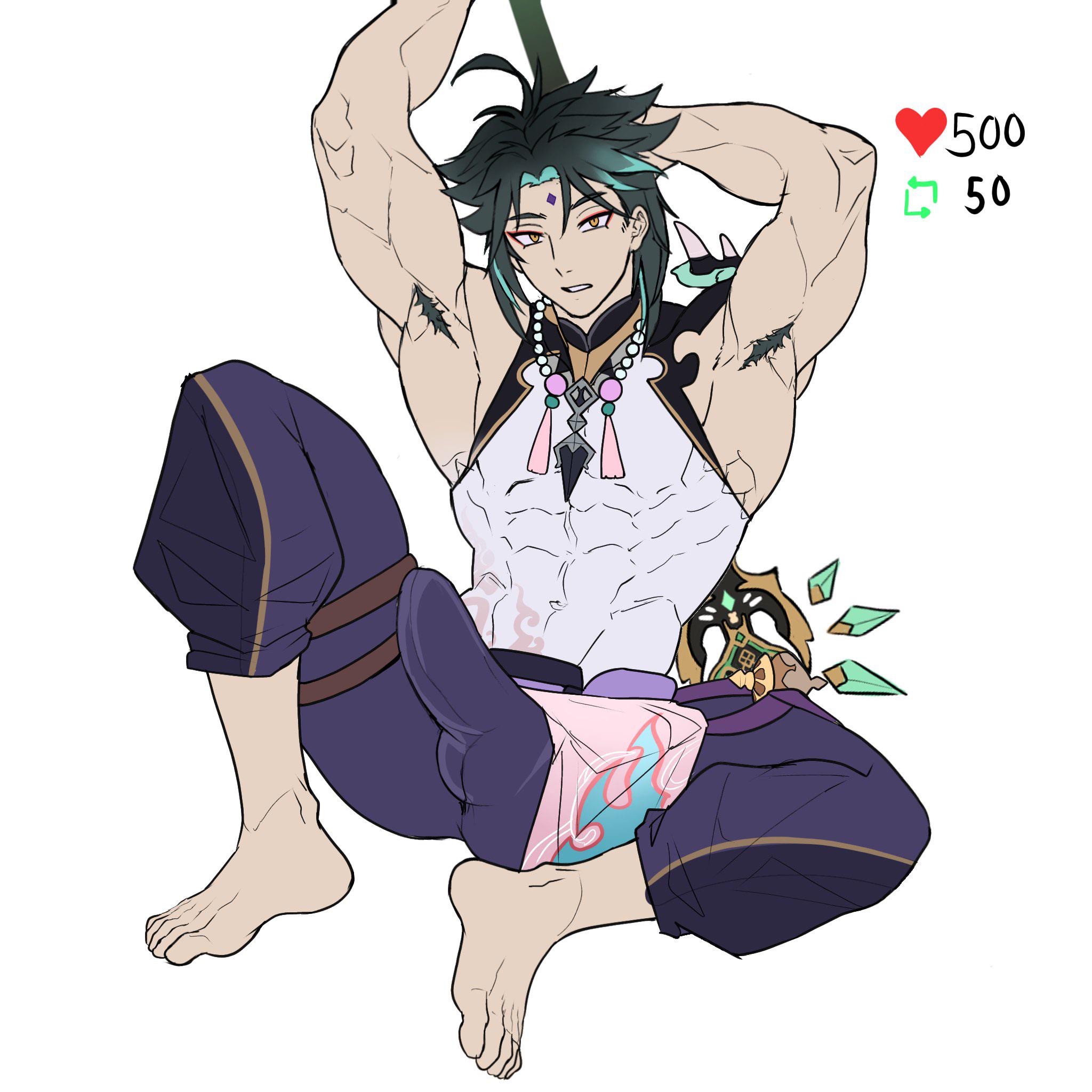armpit hair, boner, bulge through clothing, feet, gay, gay male, genshin impact, genzonillablack, male, male only, muscular, muscular male, strip game, turquoise hair, xiao (genshin impact), yaoi