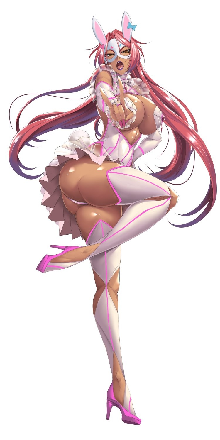 1girls, 2d, 2d (artwork), ass, breasts, brown eyes, brown skin, bunny ears, bunny girl, cleavage, dark skin, dark-skinned female, domino mask, female, female focus, female only, heels, high heels, huge ass, huge breasts, ingrid (taimanin asagi), ky., long hair, long legs, looking at viewer, mask, masked, masked female, mole, mole under mouth, mouth open, pink hair, pink nails, purple lipstick, red hair, short skirt, simple background, skimpy, skimpy clothes, skirt, solo, solo female, taimanin (series), taimanin asagi, taimanin asagi battle arena, thick thighs, thighhighs, thighs