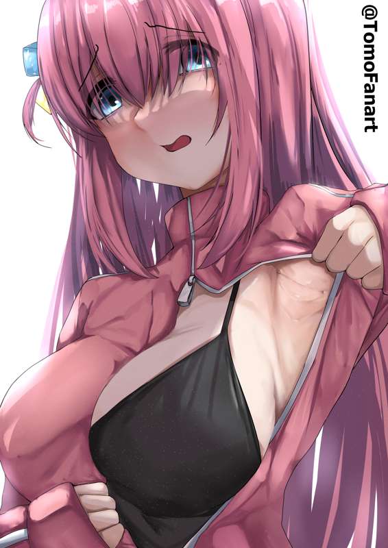 big breasts, black bra, black top, blue eyes, blush, breasts, embarrassed, exposing breasts, exposing self, female, female only, hair, hair accessory, hair between eyes, light skin, light-skinned female, long hair, pink hair, pink jacket, showing armpits, showing off, solo, sweaty, sweaty armpits, tomodachi (tomofanart), zipper