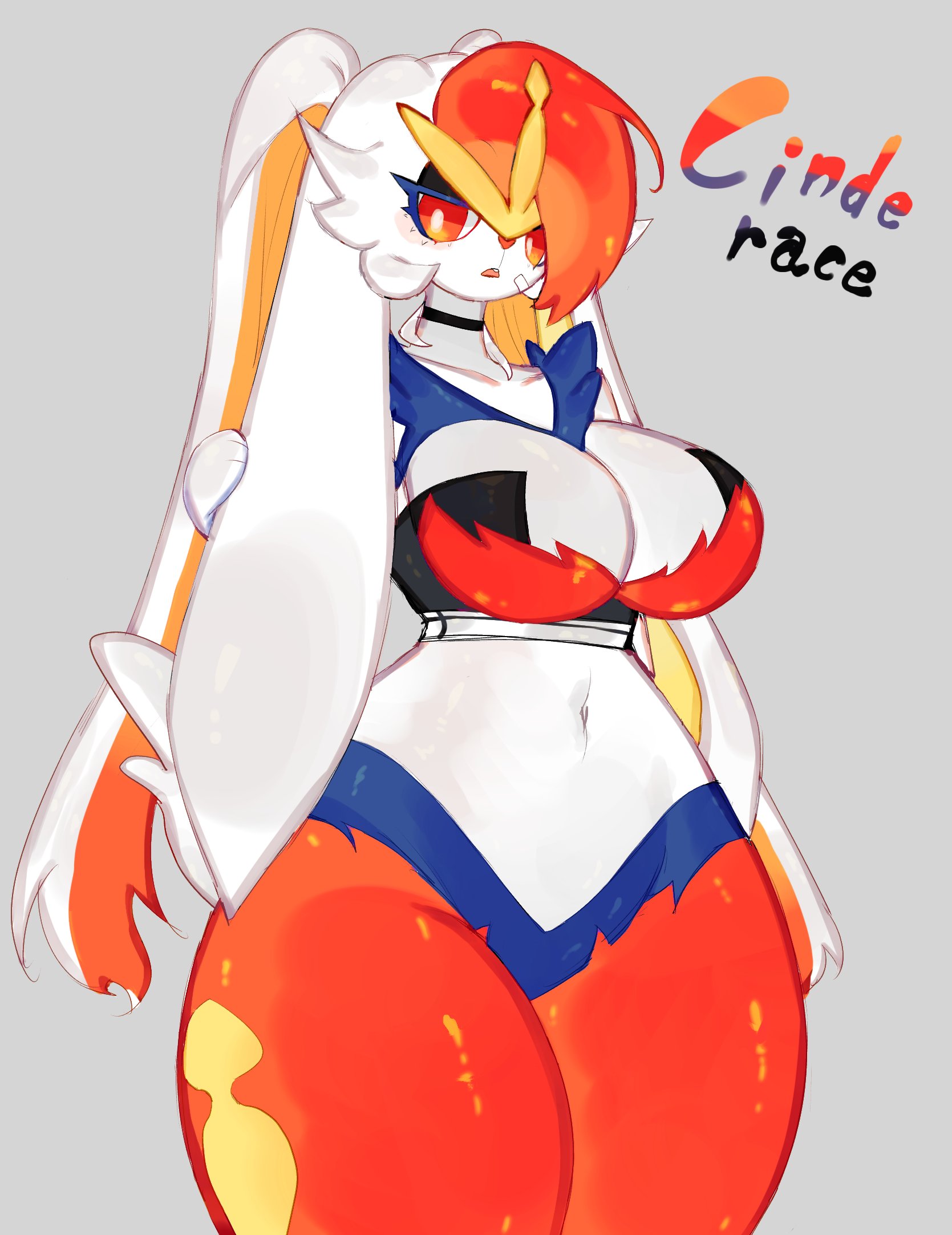 2023, anthro, breasts, cinderace, cleavage, clothed, clothing, cute, cute face, female, female only, fingers, front view, fur, generation 8 pokemon, hi res, nintendo, open mouth, pokemon, pokemon (species), pupils, solo, solo female, togetoge, topwear, white body, white fur, white pupils