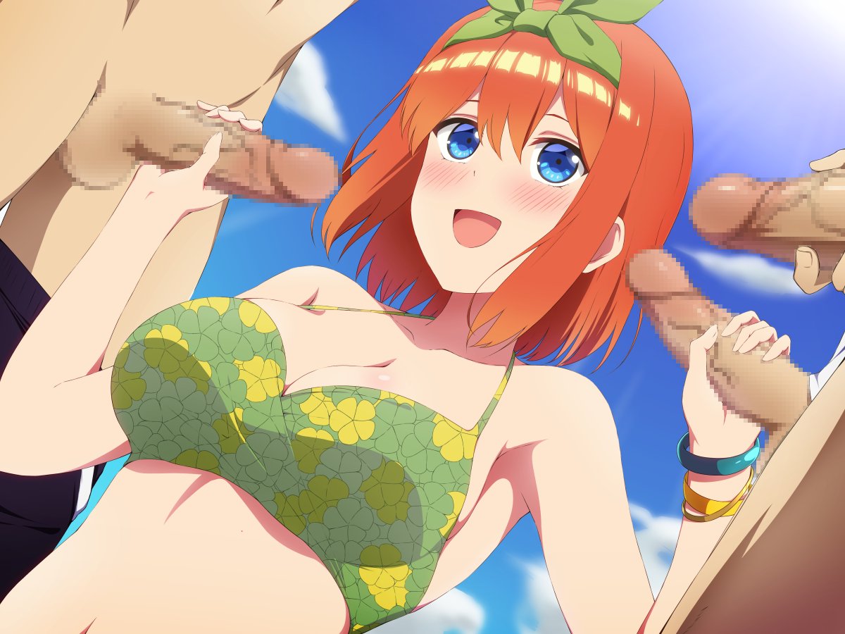 3boys :d bikini black_shorts blue_eyes blush bracelet breasts censored cleavage clothes_pull double_handjob female gangbang go-toubun_no_hanayome green_bikini green_hairband group_sex hairband handjob jewelry large_breasts mosaic_censoring multiple_boys nakano_yotsuba open_mouth orange_eyes outdoors short_hair shorts shorts_pull sky smile solo_focus straight swimsuit yamiochi_umekichi