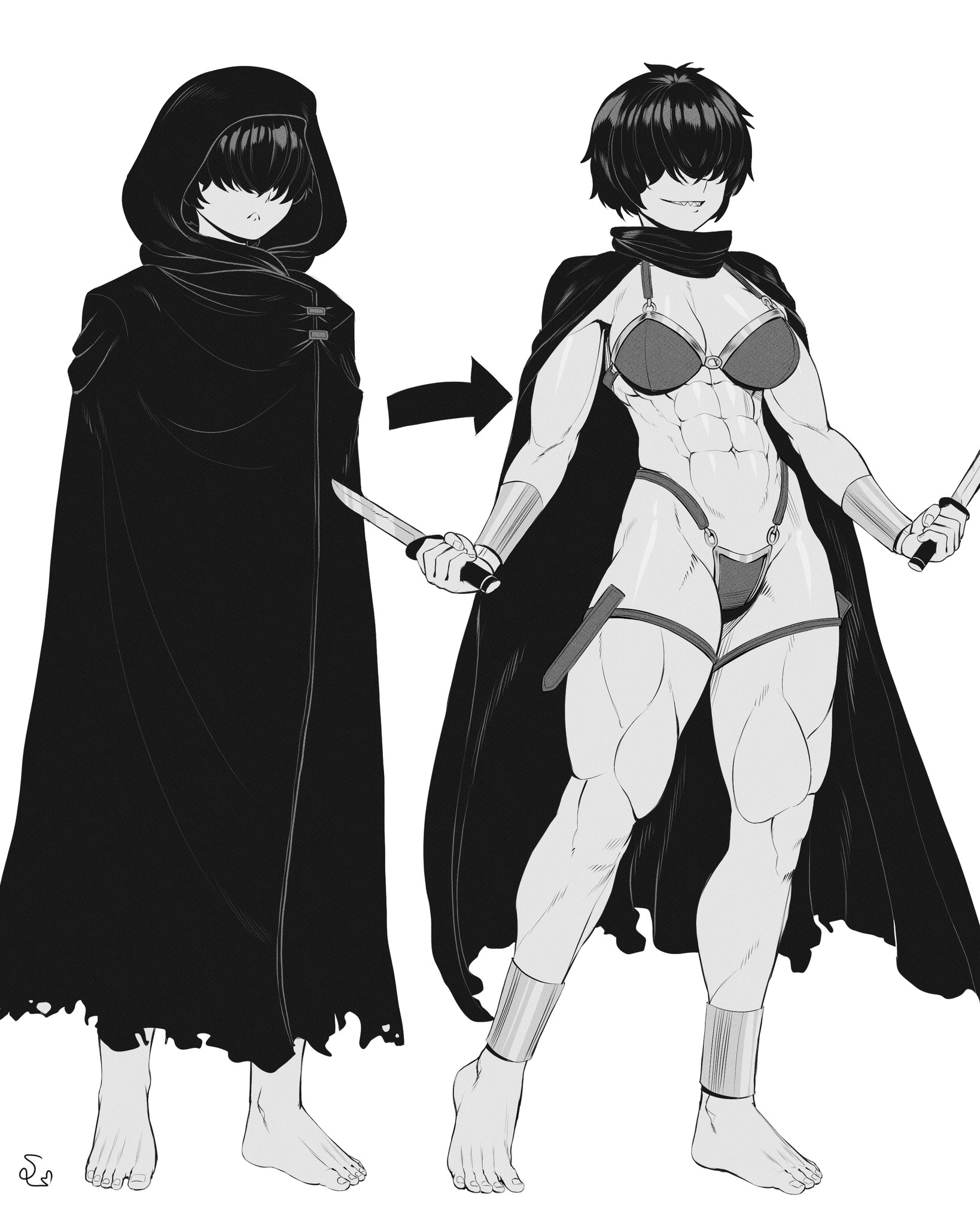 1girls, abs, alternate version at source, bikini, bikini armor, cleavage, cloak, female, greyscale, hair over eyes, hi res, holding object, leg cuffs, monochrome, muscular, muscular female, muscular legs, original, original character, serratus anterior, short hair, signature, simple background, smile, solo, speedl00ver, thick thighs, weapon, white background, wrist cuffs