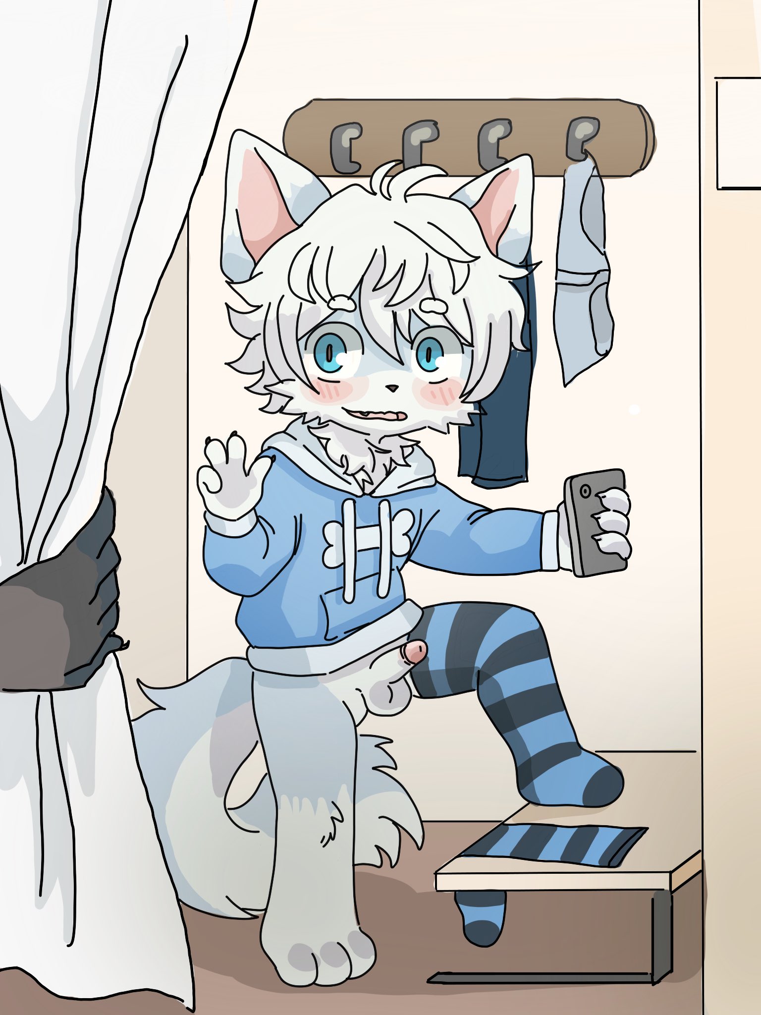 blue eyes, blush, blushing, bruise (artist), cub, embarrassed, femboy, furry, hoodie, male, peace sign, penis, tagme, taking picture, thighhighs, white fur
