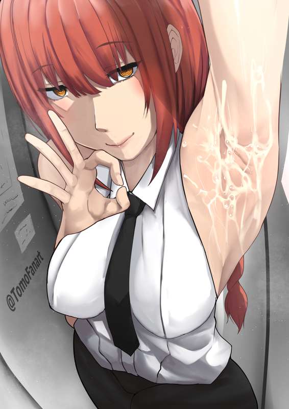 armpits breasts chainsaw_man clothed cum cum_in_armpit cum_on_armpit female female_focus girl girls hair invitation inviting light-skinned_female light_skin long_hair looking_at_viewer makima_(chainsaw_man) oral_invitation red_hair seductive seductive_look seductive_smile tie tomodachi_(tomofanart)