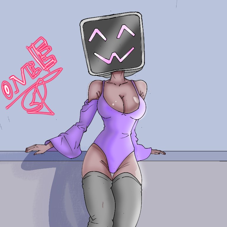 1girls big_breasts clothing computer dark_skin faceless_forefront happy lingerie looking_at_viewer mostly_clothed original_character robot sini solo zarms