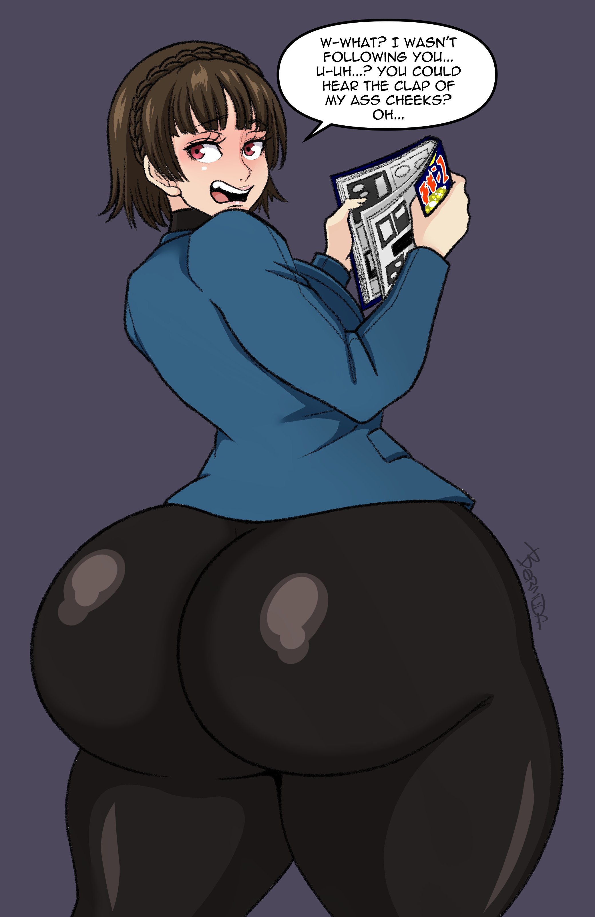 1girls, ass, bermuda art, big ass, big butt, blush, blushing, bottom heavy, brown eyes, brown hair, brunette, bubble ass, bubble butt, embarrassed, fat, fat ass, female, huge ass, huge butt, huge thighs, inconvenient ass, lard ass, makoto niijima, oblivious, persona, persona 5, shin megami tensei, thick ass, thick thighs, thunder thighs, thunderthighs, wide hips