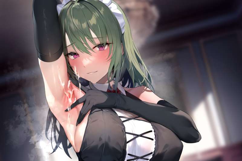 arm_sleeves arm_warmers armpit armpit_cum armpits big_breasts black_arm_sleeves blush blushing_at_viewer breasts bulging_breasts bulging_nipples cum_on_armpit cum_on_body cum_on_face cum_on_fingers cumshot female female_only fingers girl girls green_hair hair happy holding_arm holding_arm_up light-skinned_female light_skin long_hair maid maid_headdress maid_uniform nipples_visible_through_clothing pink_eyes presenting presenting_armpit shiny_skin smiling sperm spreading_armpit yuyu_(yuyuworks)