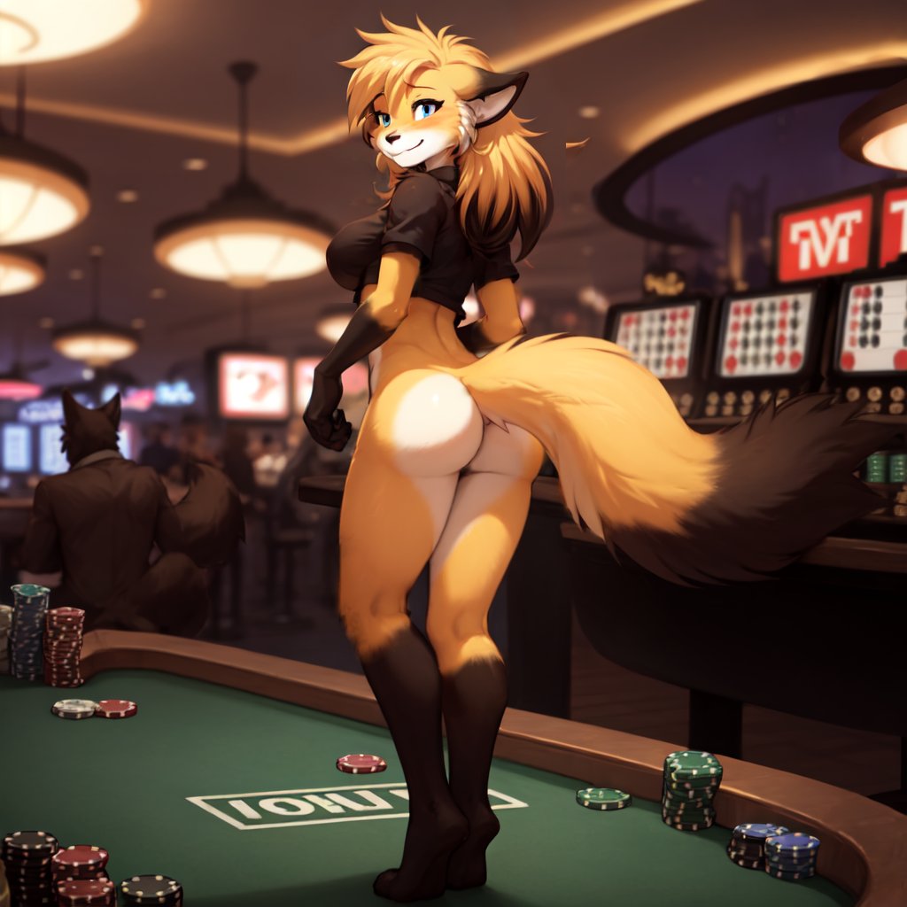 ai_generated anthro big_breasts big_butt black_fur blue_eyes bottomless casino female fox mike_(twokinds) orange_fur poker_table shirt_only twokinds white_fur