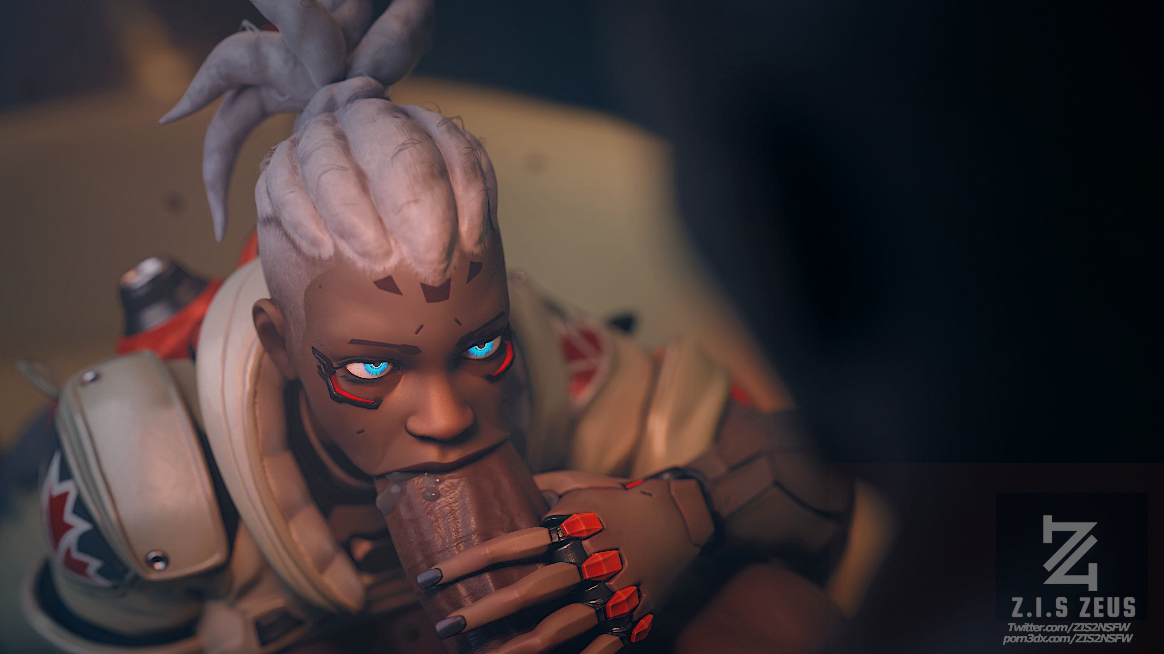 3d, blender, blizzard entertainment, blowjob, blue eyes, cyborg, dark skin, dark-skinned female, dark-skinned male, dreadlocks, fellatio, female, lips, male, milf, overwatch, overwatch 2, partial male, penis, robot girl, saliva, sojourn (overwatch), spit, sucking, sucking penis, video games, white hair, zis2nsfw
