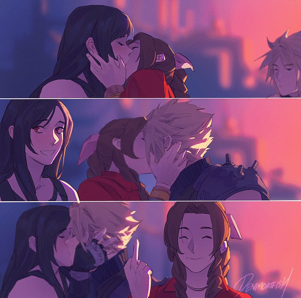 1boy, 2girls, adult, adults, aerith gainsborough, armor, artist name, artist signature, bisexual, bisexual female, black hair, blonde hair, braid, braided hair, brown hair, clothing, cloud strife, denimcatfish, female, female/female, final fantasy, final fantasy vii, final fantasy vii remake, flipping off, flipping the bird, flipping viewer off, group, hand on face, hand on head, human, kissing, long hair, making out, male, male/female, meme, mff, middle finger, multiple females, multiple girls, no sex, nonsexual, pale skin, polyamory, red eyes, smile, smiling at viewer, smooth skin, threesome, tifa lockhart, yuri