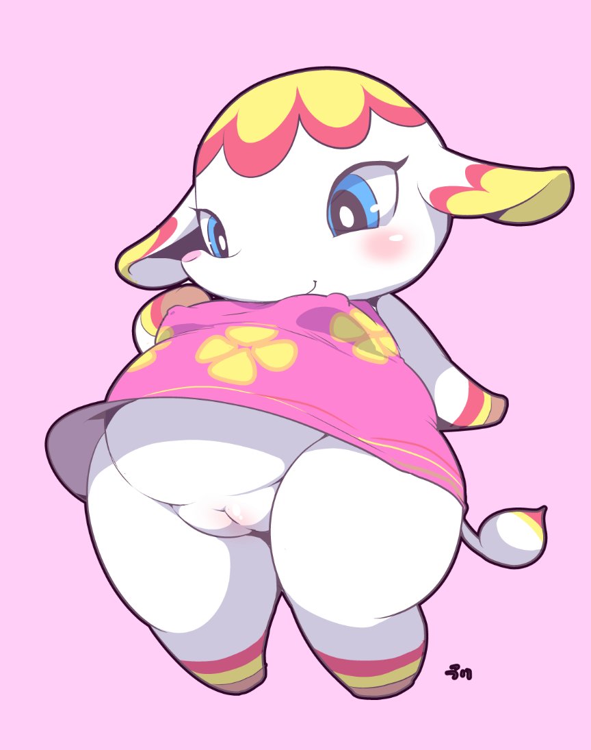 animal_crossing anthro blue_eyes blush breasts clothed clothing dress elephant elephantid female genitals mammal margie_(animal_crossing) nintendo nipple_outline no_underwear overweight overweight_anthro overweight_female plump_labia proboscidean pupils pussy smile solo thick_thighs white_body white_pupils woory