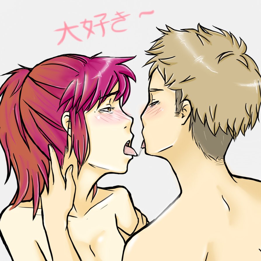 1boy 1girls after_kiss attack_on_titan blush female french_kiss jean_kirstein male male/female nude open_mouth ponytail saliva saliva_string sasha_braus shingeki_no_kyojin straight tongue tongue_out