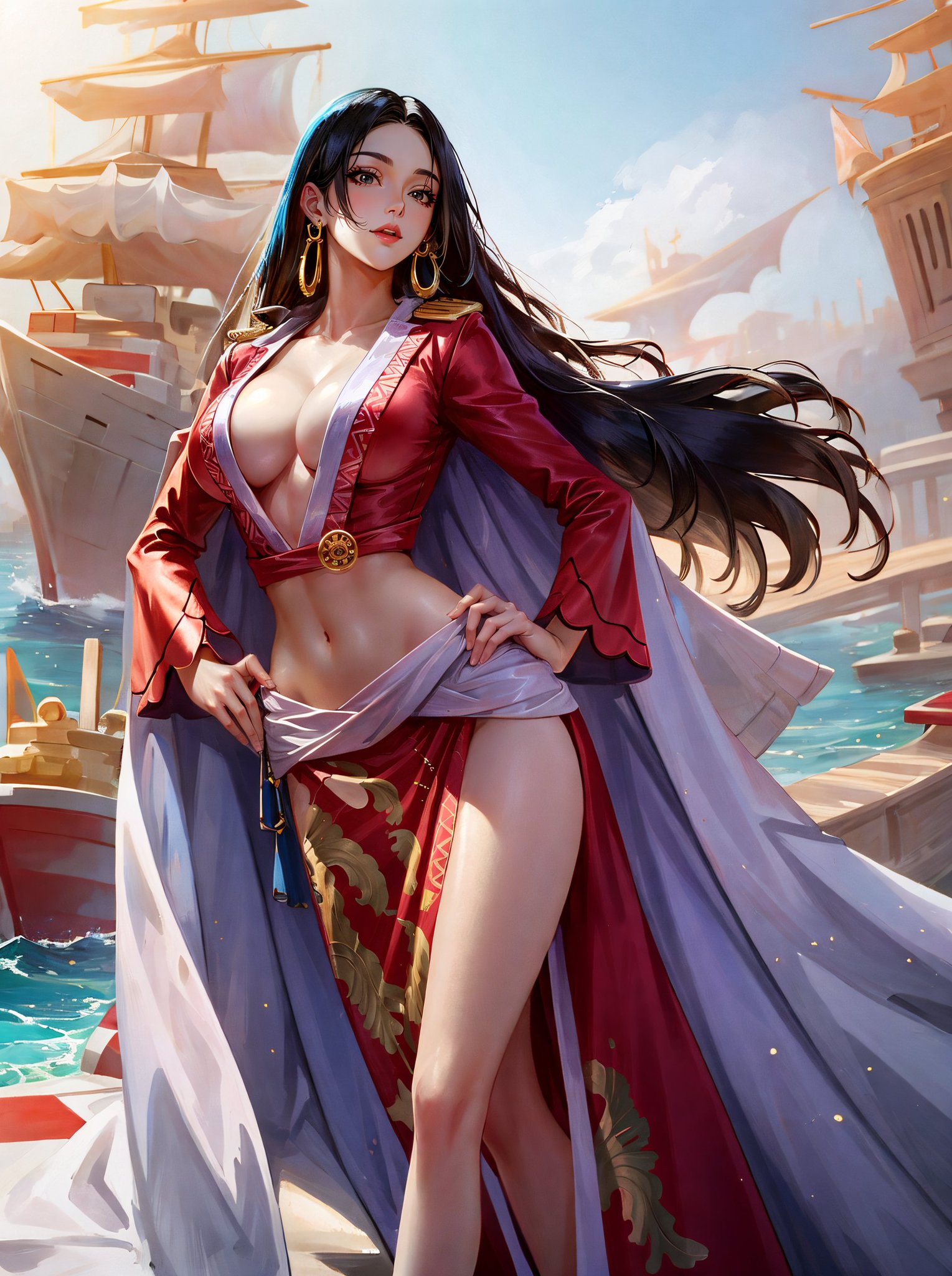 1girls, ai generated, artist request, big breasts, black eyes, black hair, boa hancock, boat, curvy, curvy body, curvy female, curvy figure, earrings, female, female focus, female only, hands on hips, highres, long hair, looking at viewer, one piece, outdoors, ship, solo, solo female, stable diffusion, voluptuous female