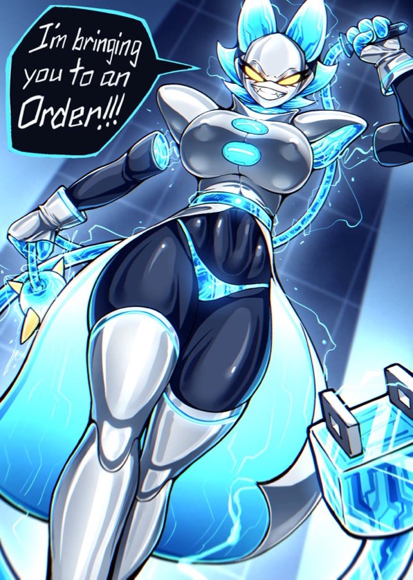 1girls, anthro, breasts, cat ears, cat girl, catgirl, deltarune, electricity, female, female only, femdom, large breasts, panties, robot, robot girl, speech bubble, tasque manager (deltarune), thighhighs, toby fox, weapon, zzzhodazzz
