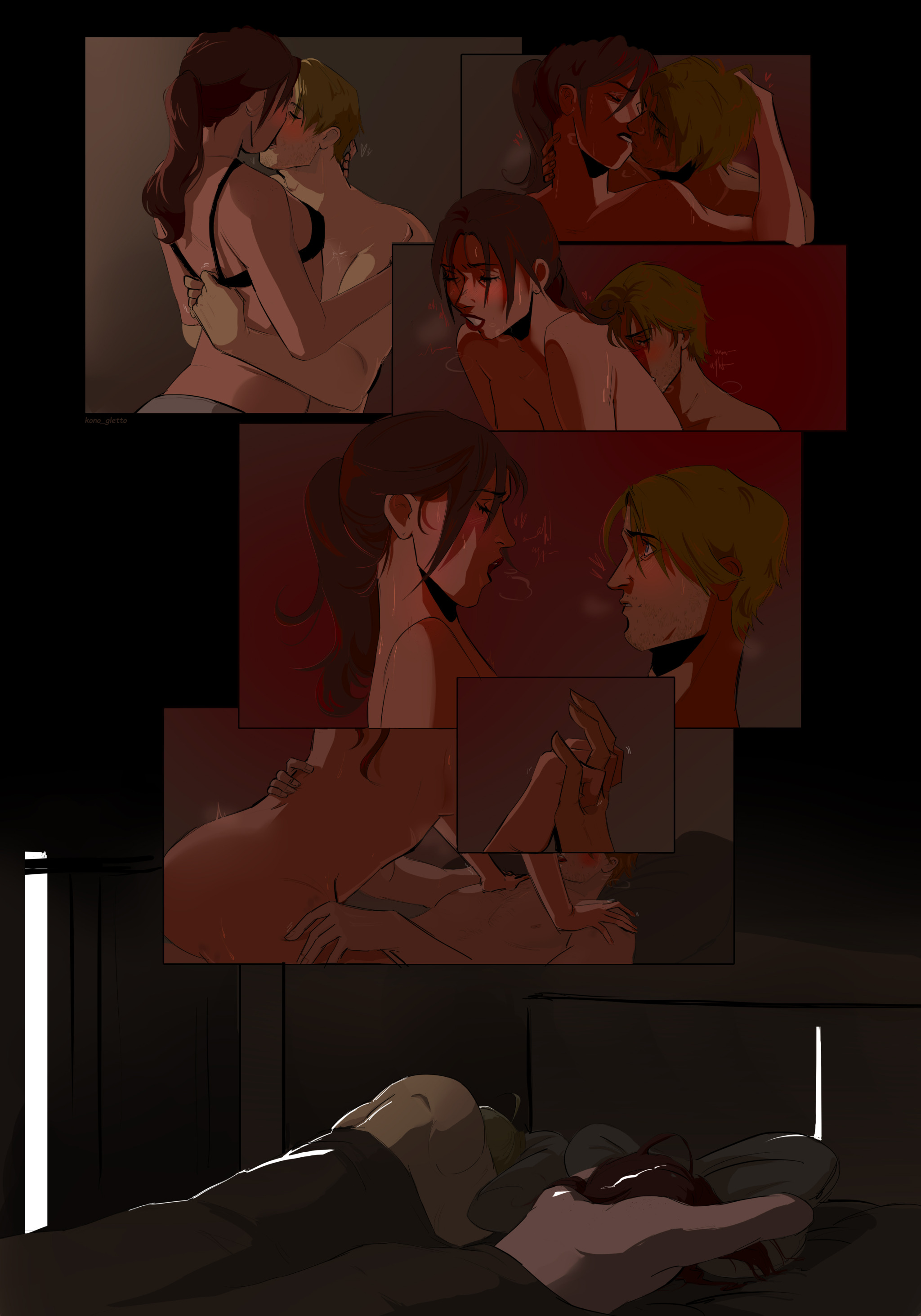 1boy, 1girls, after sex, bed, claire redfield, comic, cowgirl position, female, female on top, heavy breathing, holding hands, interlocked fingers, kissing, leon scott kennedy, male, male/female, on bed, open mouth, penis, ponytail, red hair, resident evil, resident evil 2, reverse cowgirl position, riding penis, sex, sleeping, undressing