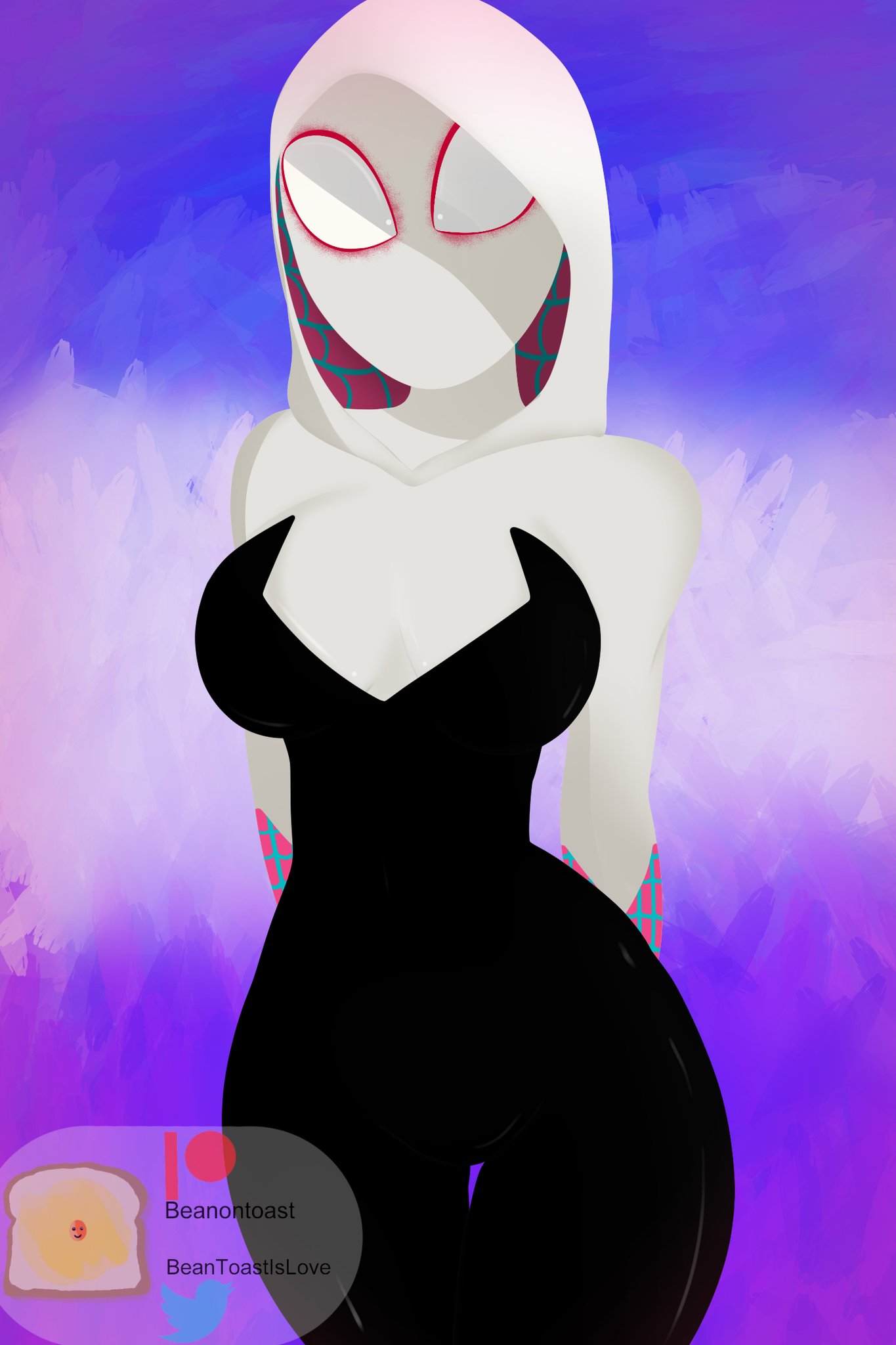1girls, beanontoast, big breasts, breasts, clothed, female, female only, gwen stacy, marvel, marvel comics, solo, spider-gwen, spider-man (series), spider-man: into the spider-verse, thick thighs