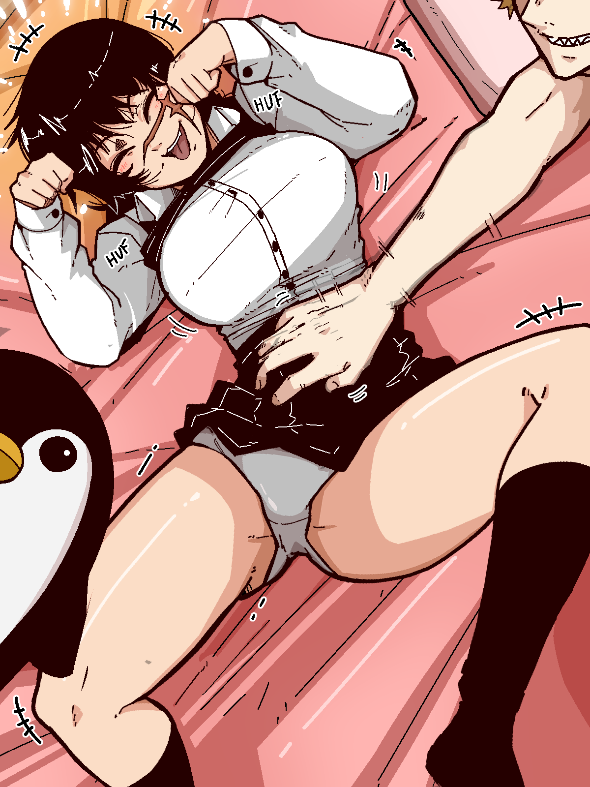 1boy, 1girls, before sex, black hair, breasts, chainsaw man, clothed, denji (chainsaw man), imminent sex, large breasts, mark gavatino, open mouth, panties, petplay, petting, shirt, skirt, skirt up, tickling, tongue, tongue out, yoru (chainsaw man)
