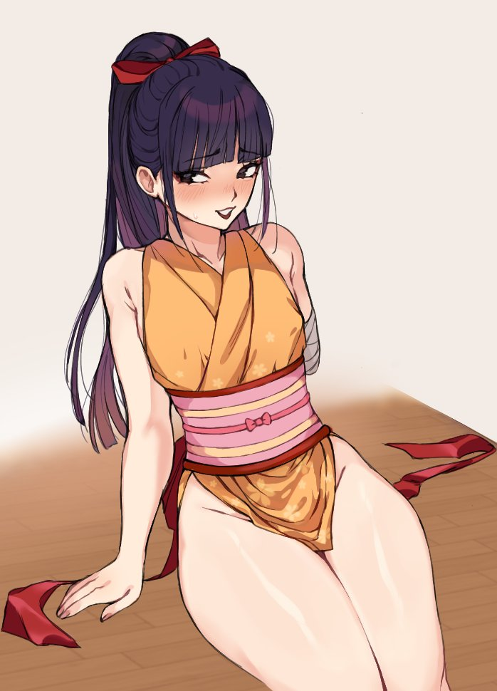 1futa amputated_arm amputee black_hair blush hair_ribbon kikunojo kimono long_hair lushhhh one_piece ponytail short_kimono solo thick_thighs wide_hips