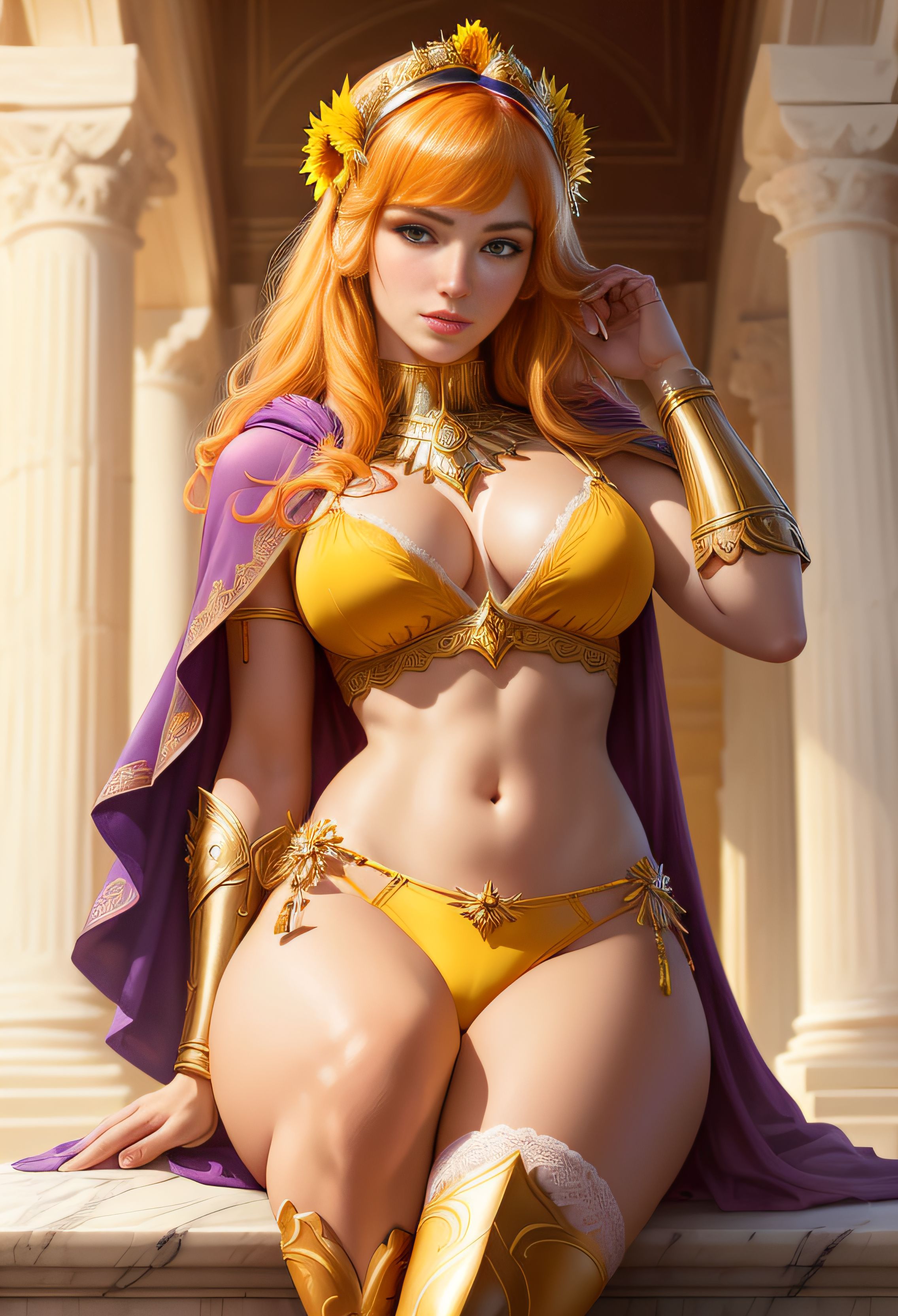 1girls, ai generated, bangs, blonde hair, breasts, casual clothes, child bearing hips, exposed stomach, female, female focus, female only, large breasts, league of legends, leona (league of legends), looking at viewer, orange hair, posing, red hair, riot games, solo, solo female, solo focus, thick thighs, thighs
