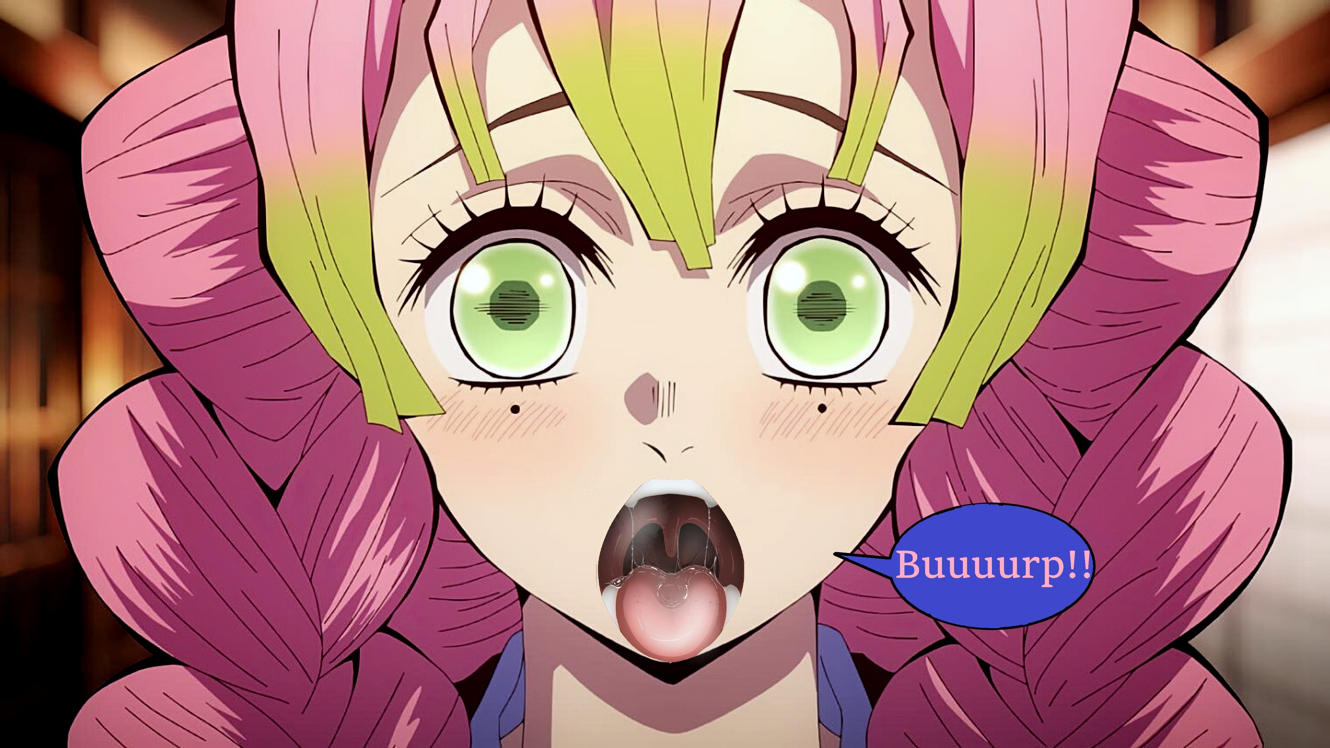 2girls, belly, burping, demon slayer, digestion, domination, female, giant, giantess, kanroji mitsuri, kimetsu no yaiba, multiple females, multiple girls, my hero academia, ochako uraraka, saliva, stomach, vore, yuri