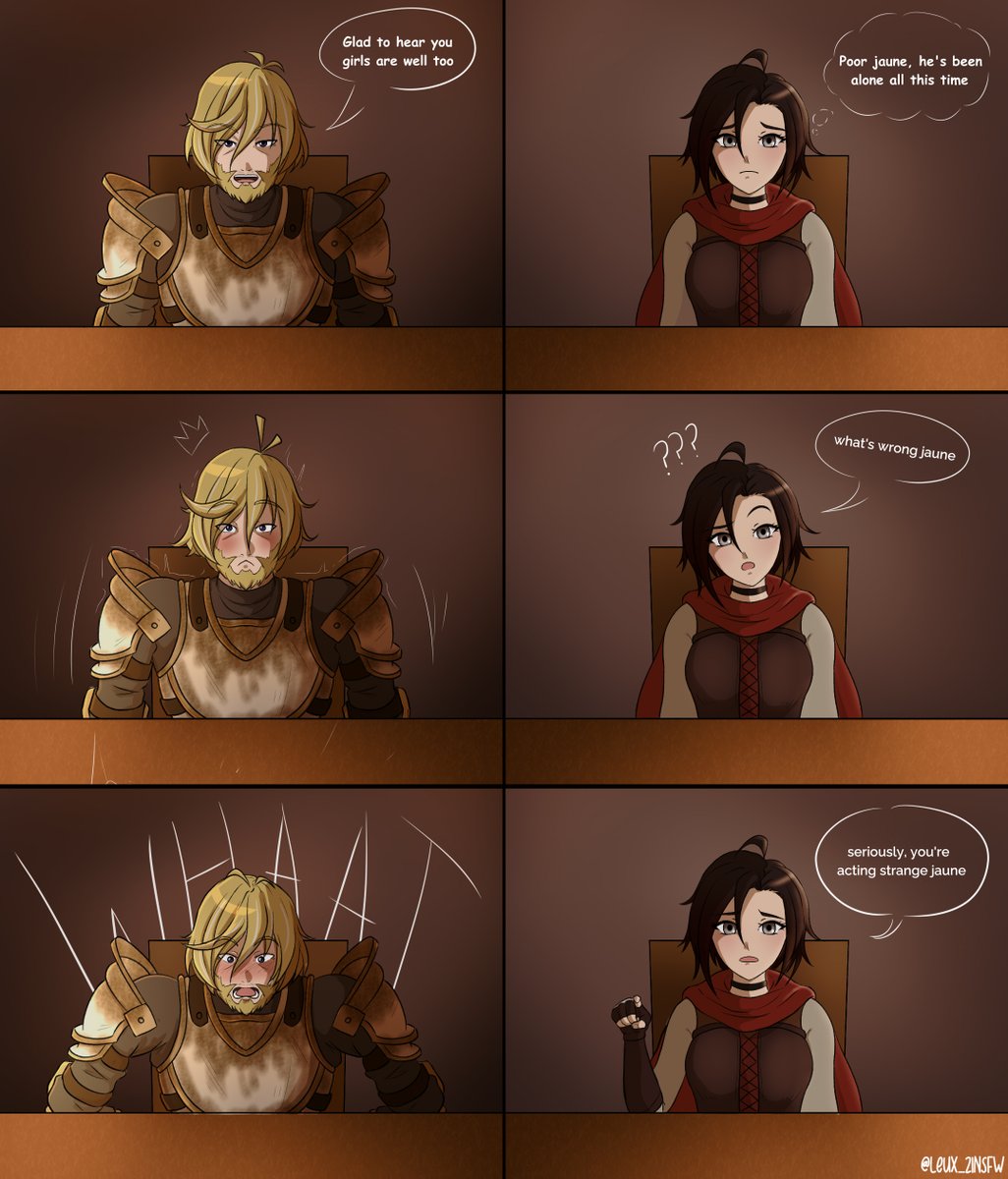 1boy, 1girls, armor, black hair, blonde hair, blowjob under table, comic, comic page, english, english text, female, implied blowjob, implied fellatio, jaune arc, leux 21, male, ruby rose, rwby, stealth fellatio, text, under the table
