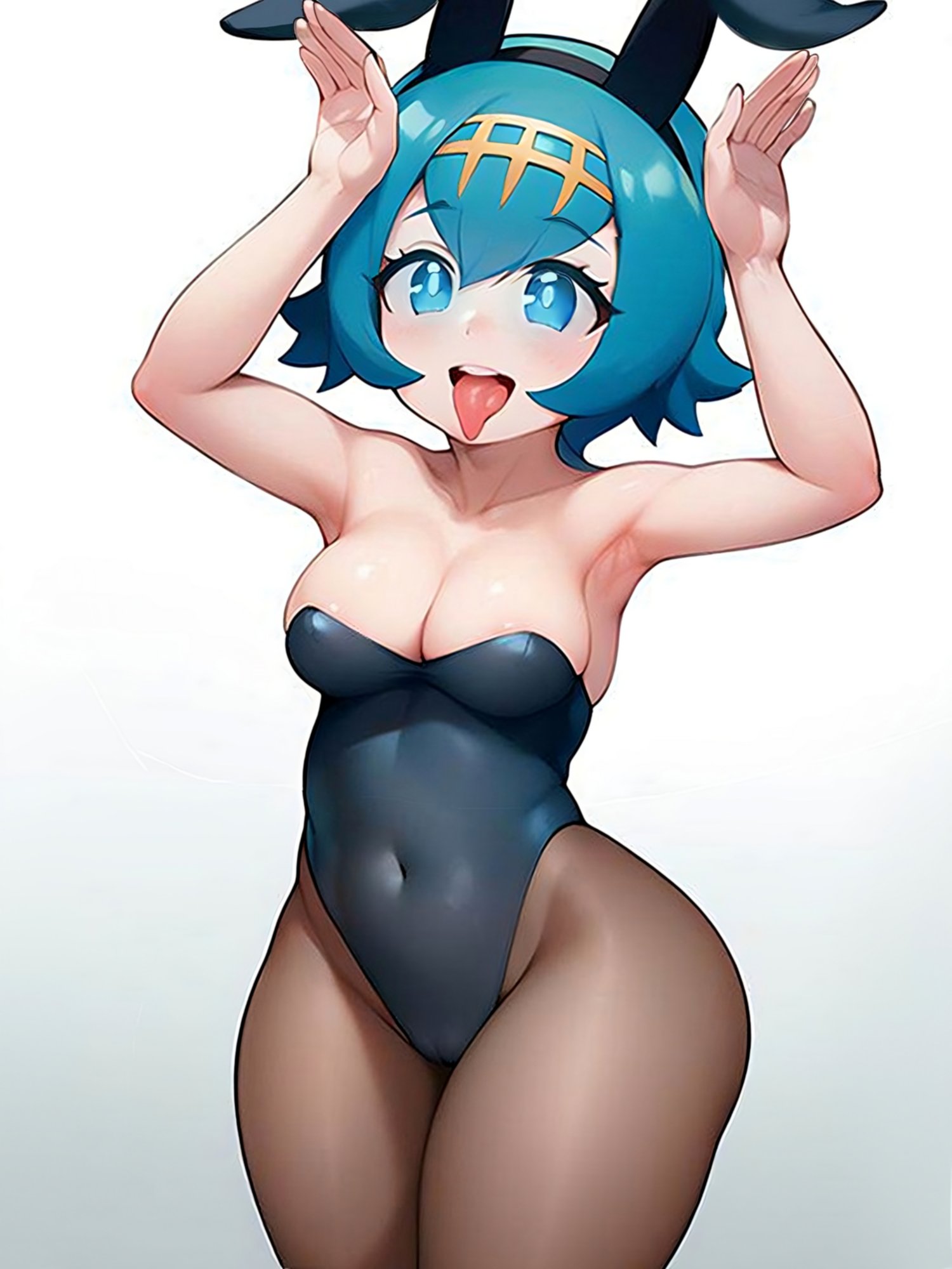 1girls, ai generated, alternate breast size, blue eyes, blue hair, breasts, bunny ears, bunny girl, bunnysuit, cucarachaaa, female, game freak, lana (pokemon), medium breasts, naughty face, nintendo, petite, petite body, pokemon, pokemon sm, short hair, smile, suggestive look, thick thighs
