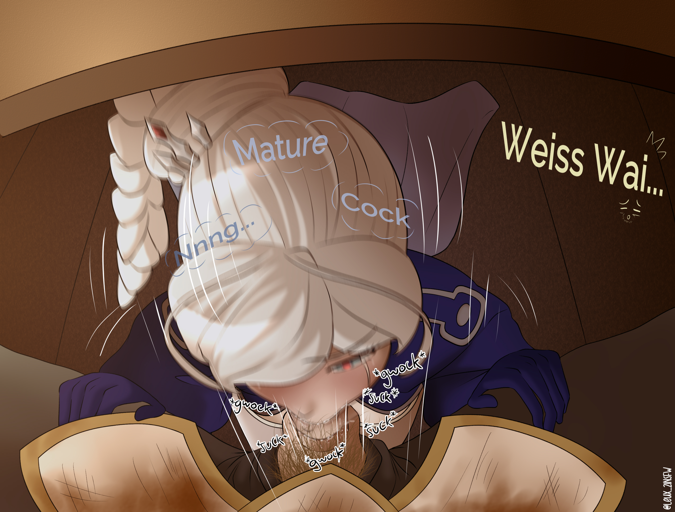 1boy, 1girls, female, grey eyes, jaune arc, leux 21, long hair, male, rwby, scar, scar across eye, stealth fellatio, stealth oral, stealth sex, tagme, under the table, weiss schnee, white hair