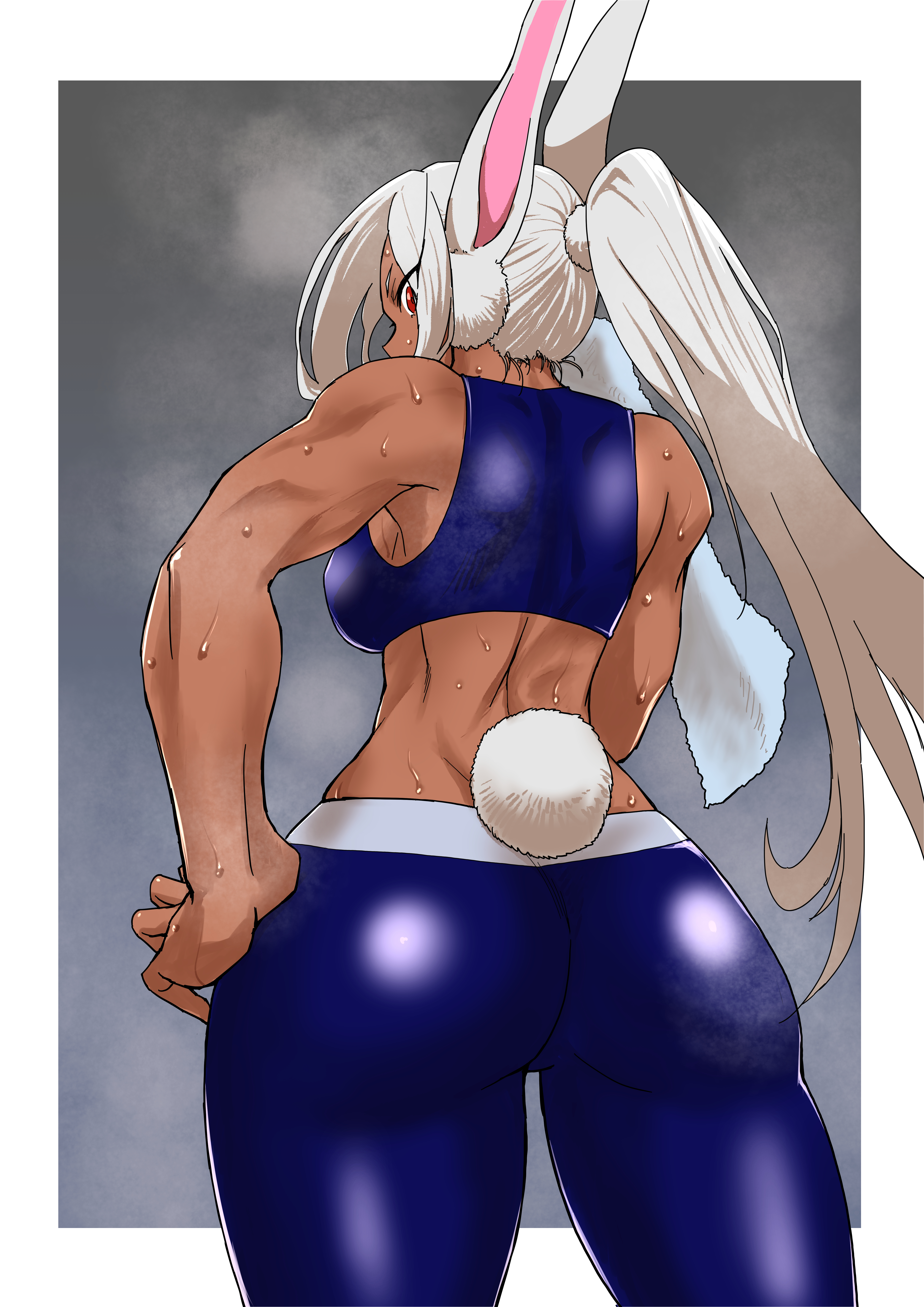 1girls, absurdres, animal ears, ass, back, bare arms, bare shoulders, blue pants, border, breasts, clothing cutout, damos (child flame), dark skin, dark-skinned female, female, female only, from behind, fully clothed, hand on own hip, highres, holding, holding towel, large breasts, long eyelashes, long hair, looking at viewer, median furrow, miruko, my hero academia, pants, ponytail, rabbit ears, rabbit girl, rabbit tail, red eyes, rumi usagiyama, shounen jump, solo, steaming body, sweat, tail, tail through clothes, toned, towel, white border, white hair, yoga pants