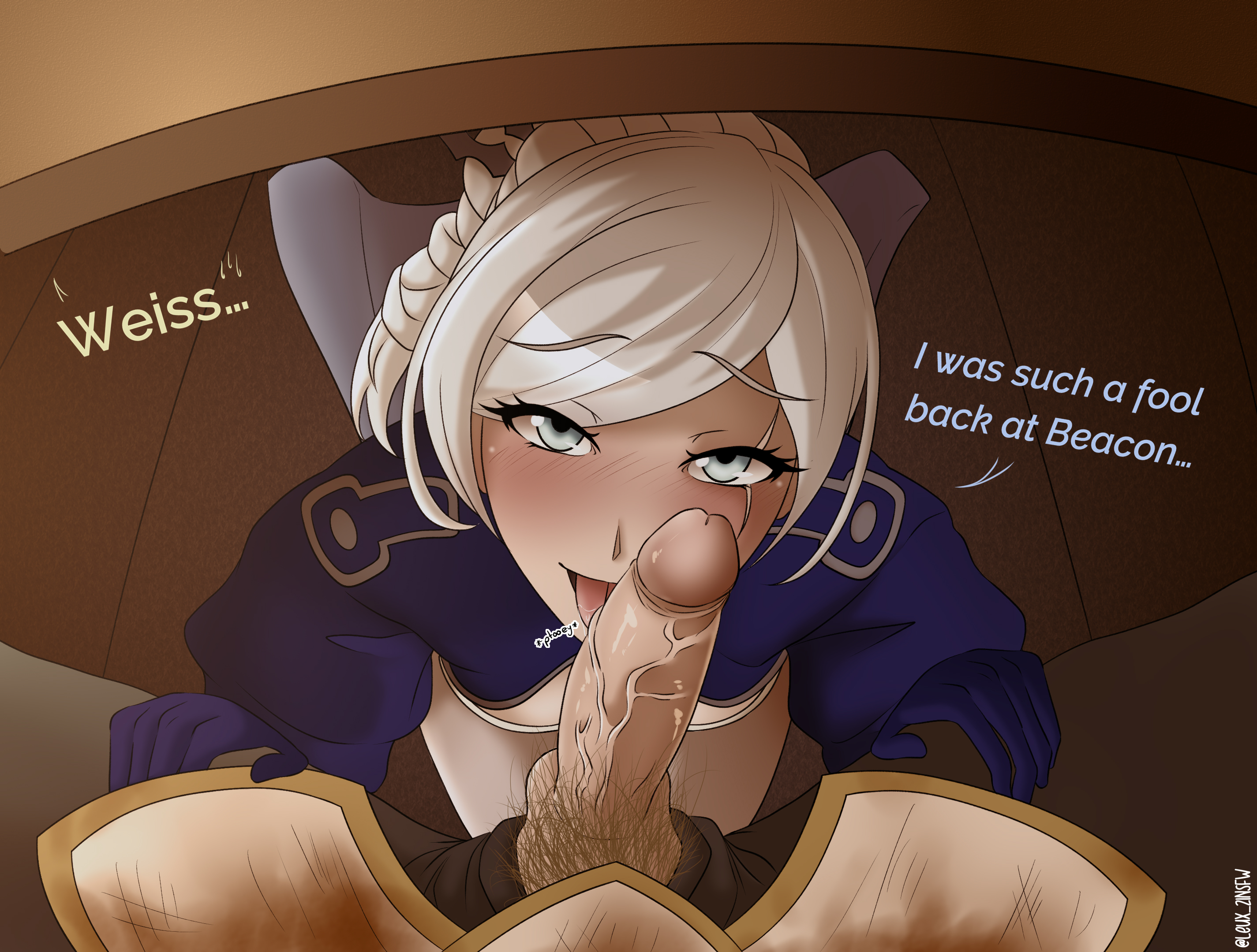 1boy, 1girls, english text, female, grey eyes, jaune arc, leux 21, licking, licking penis, long hair, male, penis, penis lick, rwby, scar, scar across eye, stealth fellatio, stealth oral, stealth sex, tagme, text, under the table, weiss schnee, white hair