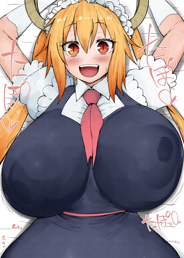 1girls apron areola_bulge breasts color colored female female_only horns huge_breasts kurotama long_hair lying lying_on_back maid_apron maid_headdress miss_kobayashi's_dragon_maid nipple_bulge orange_hair red_eyes solo tohru_(miss_kobayashi's_dragon_maid)