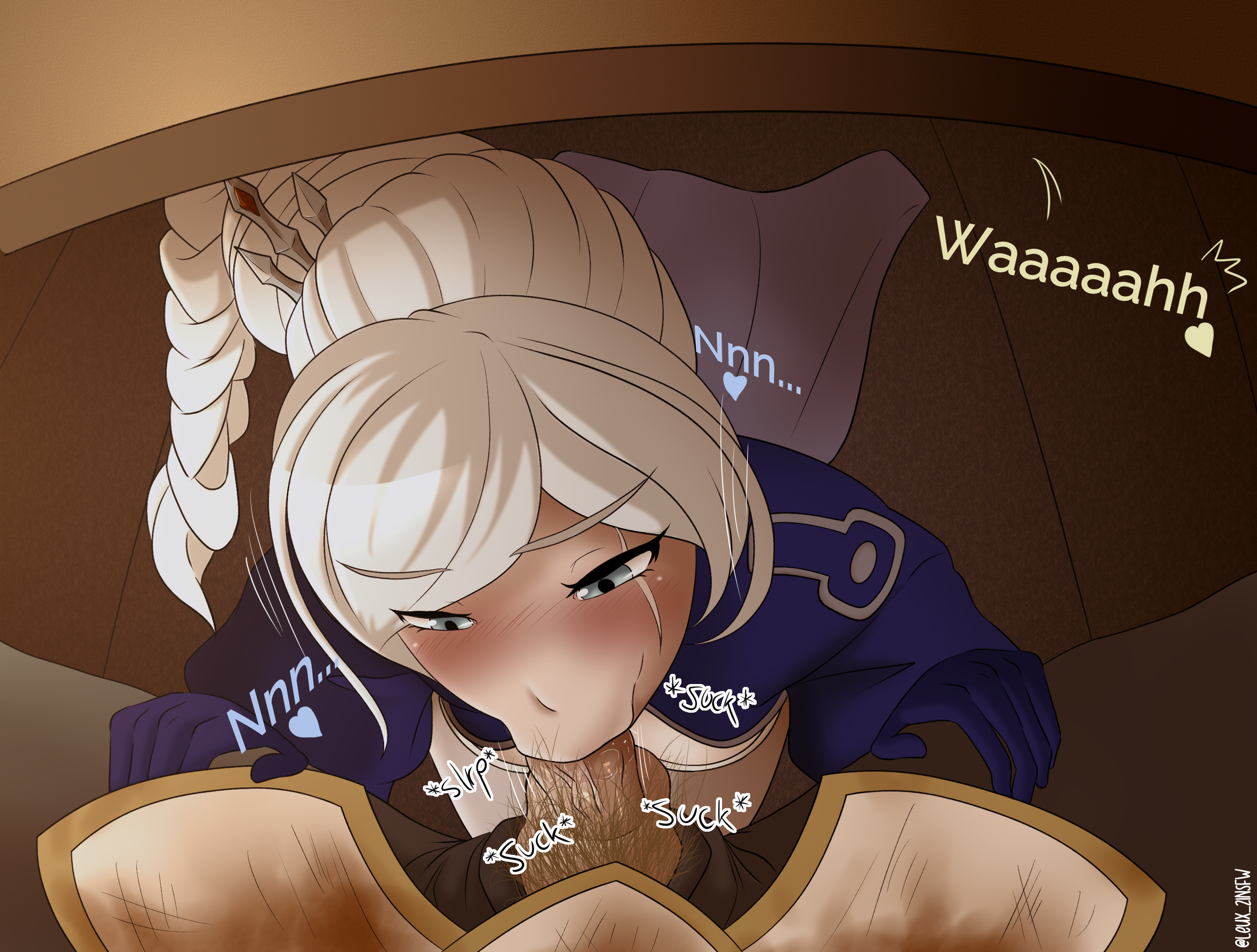 1boy, 1girls, female, grey eyes, jaune arc, leux 21, long hair, male, rwby, scar, scar across eye, stealth fellatio, stealth oral, stealth sex, tagme, under the table, weiss schnee, white hair