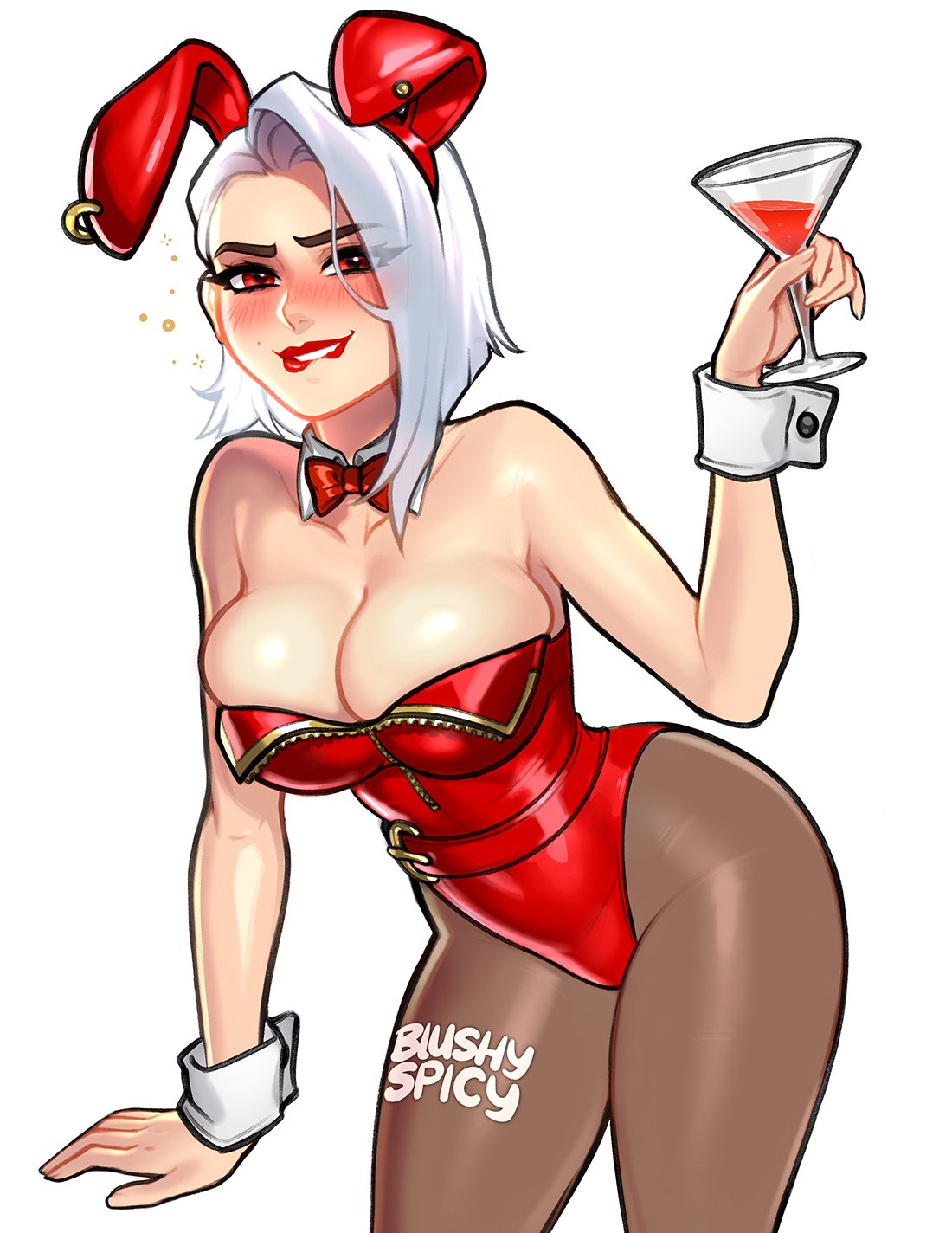 1girls, 2d, ashe (overwatch), blush, blushypixy, blushyspicy, breasts, bunny ears, bunny girl, bunnysuit, cleavage, drunk, drunk bubble, female, female only, large breasts, looking at viewer, overwatch, solo